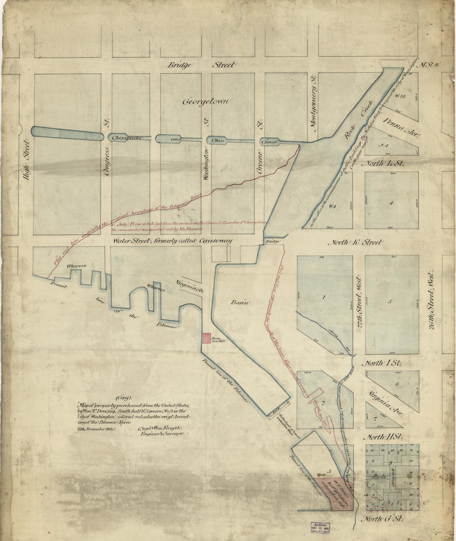 This old map of Map of Property Purchased from the United States by Wm. T. Dove, Esq., South Half of Square No. 3 In the City of Washington : Colored Red, Also the Origl. Boundary of the Potomac River from 1854 was created by Wm. T. (William T.) Dove, Wi