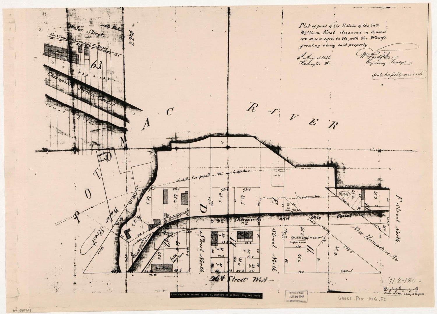 This old map of Plat of Part of the Estate of the Late William East, Deceased : In Squares Nos. 10, 11, 12, S. of 12, 62 &amp; 63, With the Wharfs Fronting Along Said Property : Washington D.C. from 1856 was created by William East, William Forsyth in 1856