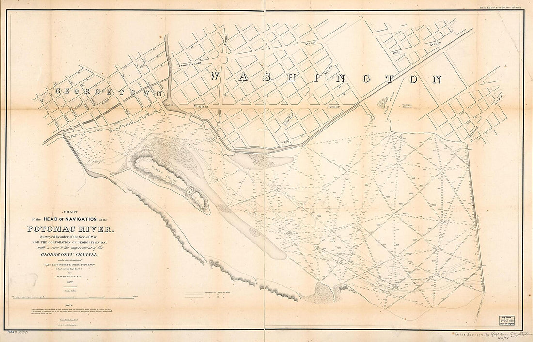 This old map of Chart of the Head of Navigation of the Potomac River : Surveyed by Order of the Sec. of War for the Corporation of Georgetown D.C. With a View to the Improvement of the Georgetown Channel from 1857 was created by R. W. Burgess, Denis Call