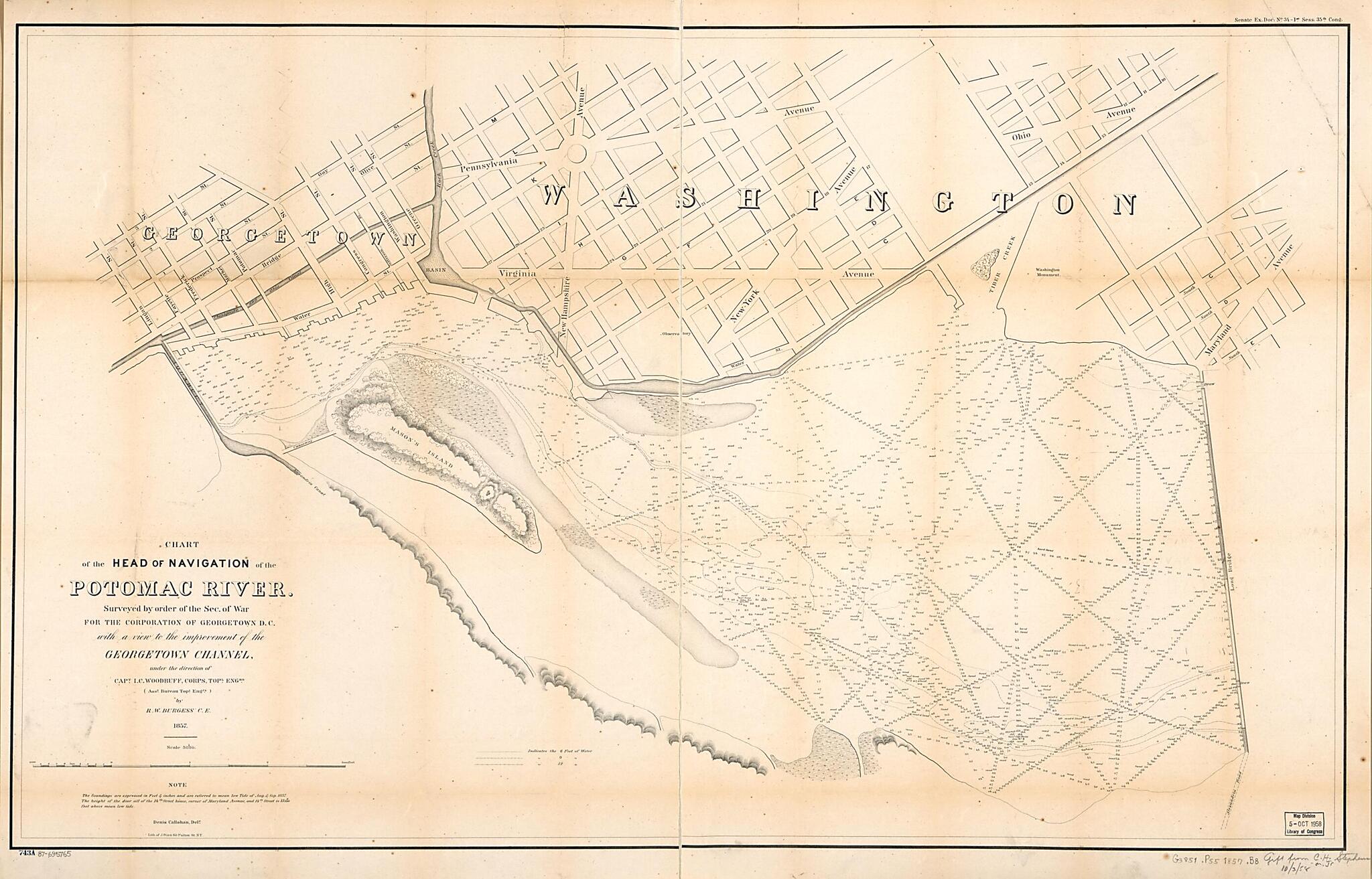 This old map of Chart of the Head of Navigation of the Potomac River : Surveyed by Order of the Sec. of War for the Corporation of Georgetown D.C. With a View to the Improvement of the Georgetown Channel from 1857 was created by R. W. Burgess, Denis Call