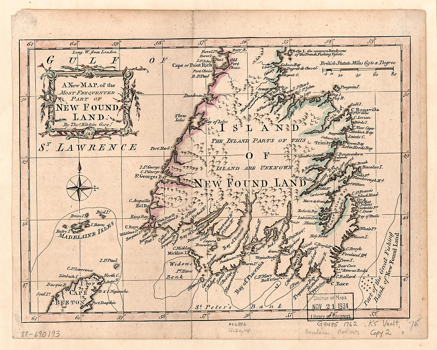 This old map of A New Map of the Most Frequented Part of New Found Land from 1762 was created by Thomas Kitchin in 1762