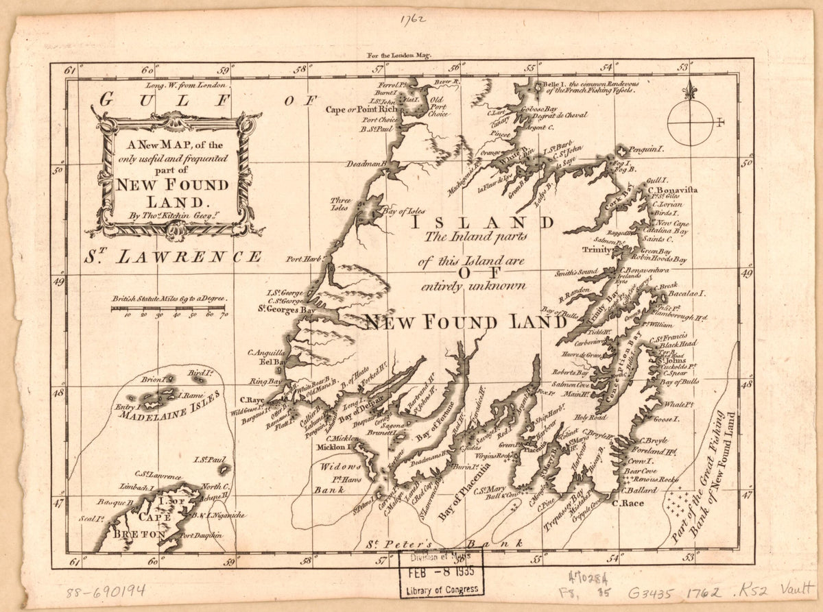 A New Map of the Only Useful and Frequented Part of New Found Land 1762 by Relic Map Company