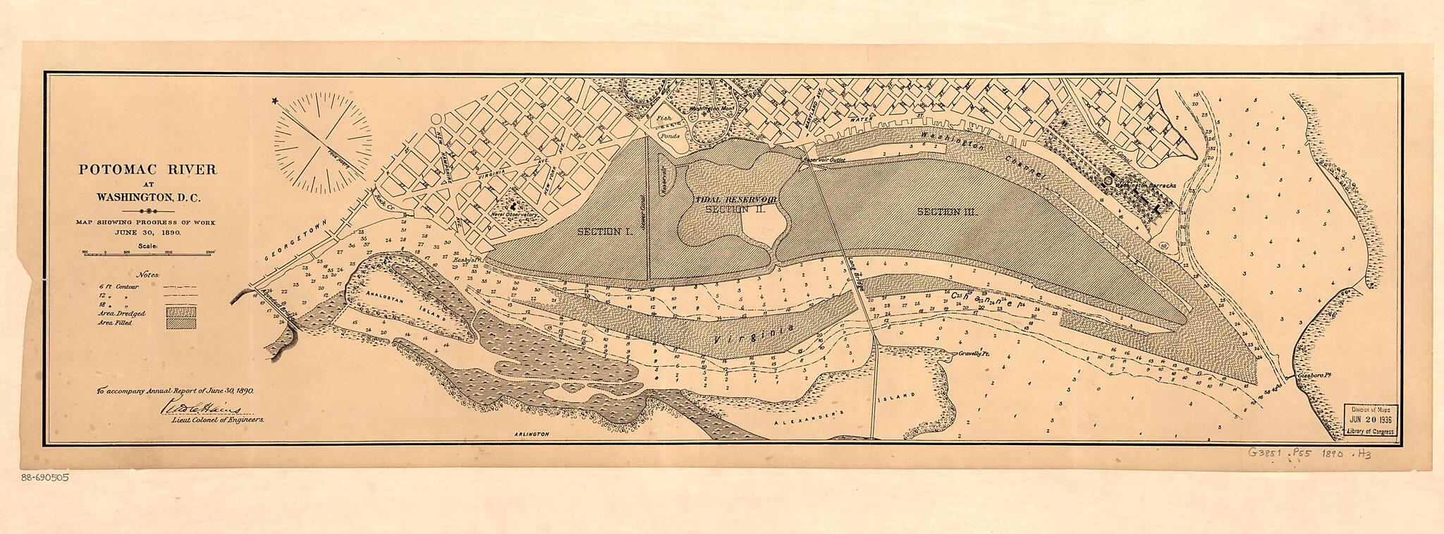 This old map of Potomac River at Washington, D.C., Map Showing Progress of Work : June 30, from 1890 was created by Peter C. (Peter Conover) Hains in 1890