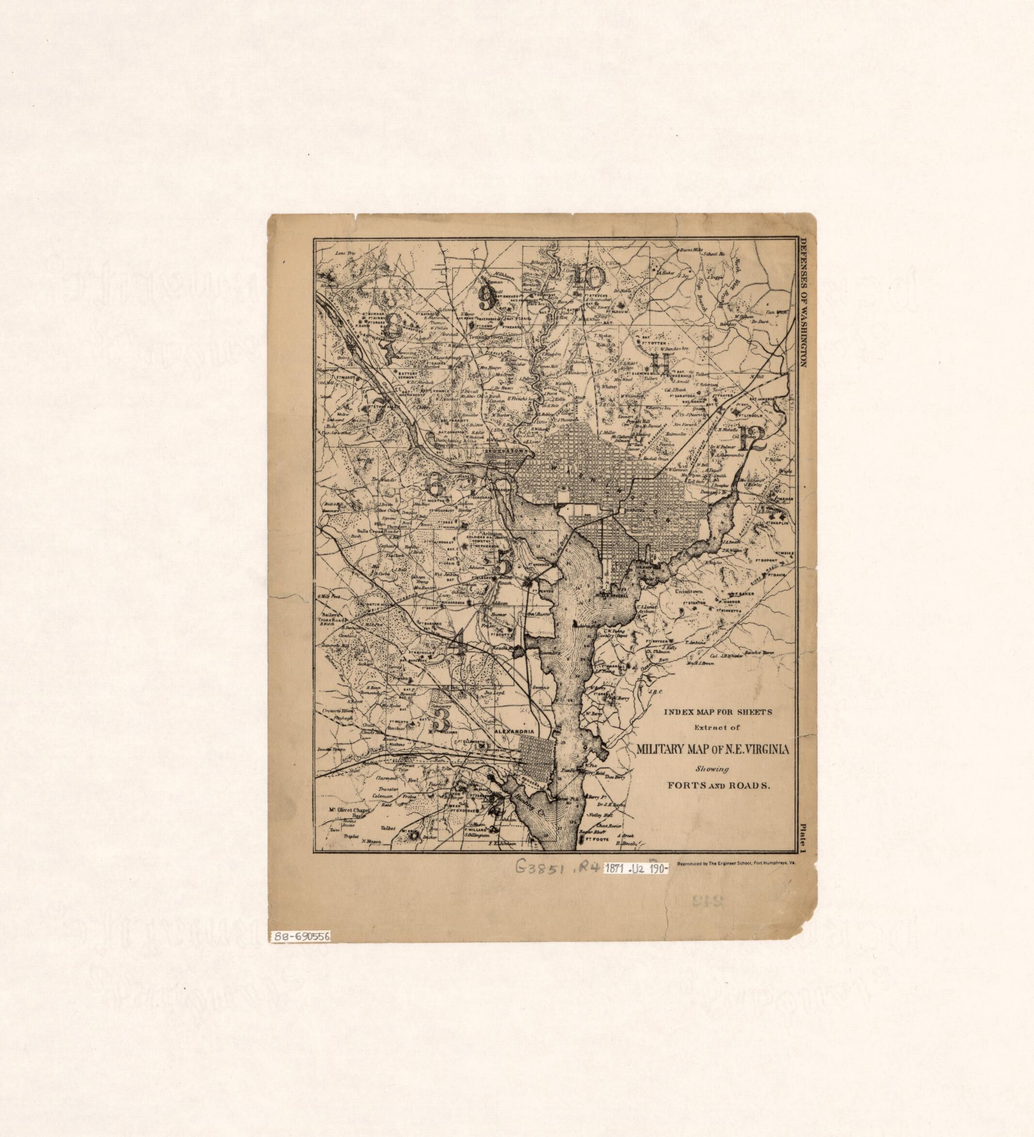 This old map of Index Map for Sheets, Extract of Military Map of N.E. Virginia Showing Forts and Roads : Washington D.C. Metropolitan Area from 1871 was created by J. G. (John Gross) Barnard,  U.S. Army Engineer School,  United States. Army. Corps of Eng