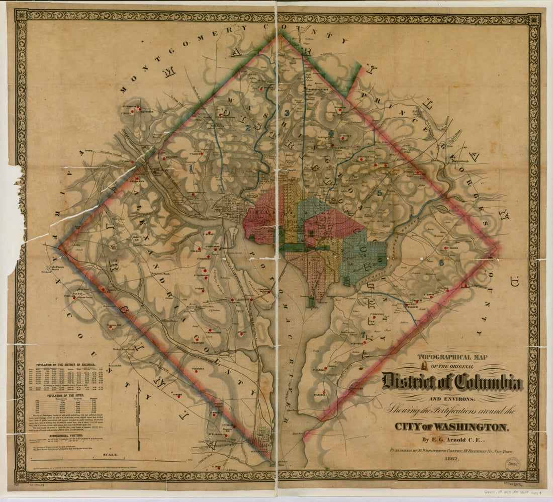 This old map of Topographical Map of the Original District of Columbia and Environs Showing the Fortifications Around the City of Washington from 1862 was created by E. G. Arnold, G. Woolworth (George Woolworth) Colton in 1862