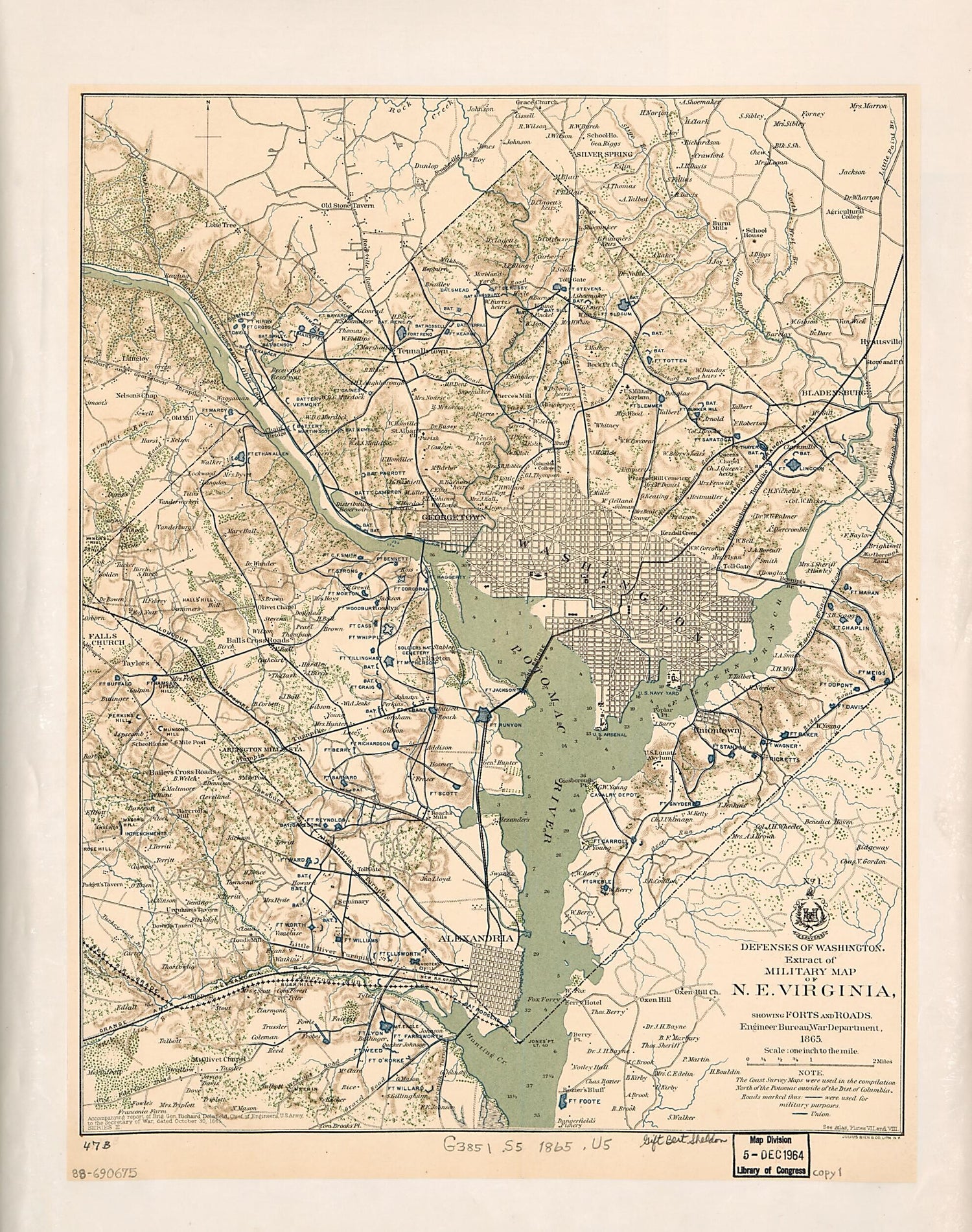 This old map of Defenses of Washington, Extract of Military Map of N.E. Virginia : Showing Forts and Roads from 1865 was created by Richard Delafield,  United States. Government Printing Office,  United States. War Department. Engineer Bureau in 1865