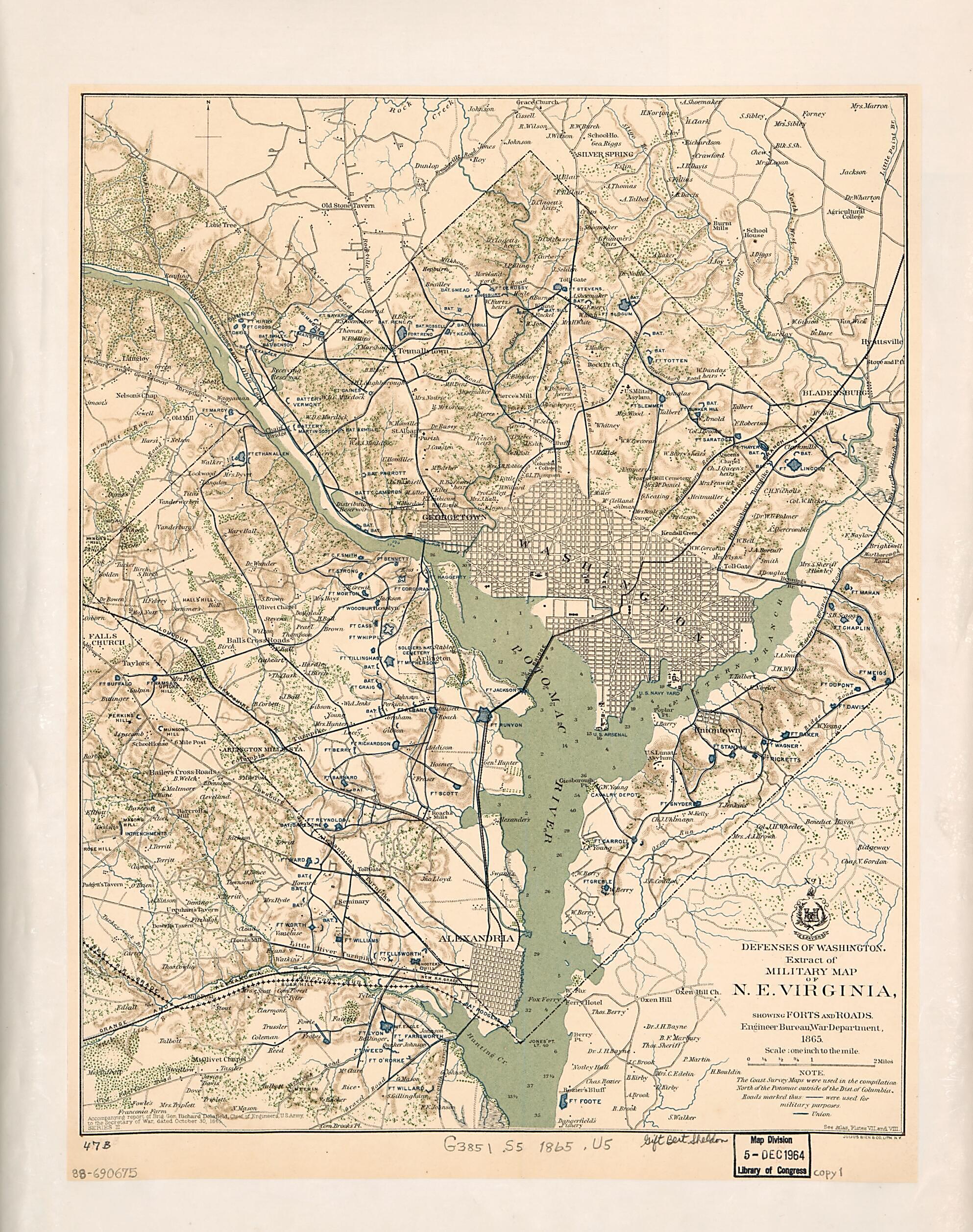 This old map of Defenses of Washington, Extract of Military Map of N.E. Virginia : Showing Forts and Roads from 1865 was created by Richard Delafield,  United States. Government Printing Office,  United States. War Department. Engineer Bureau in 1865