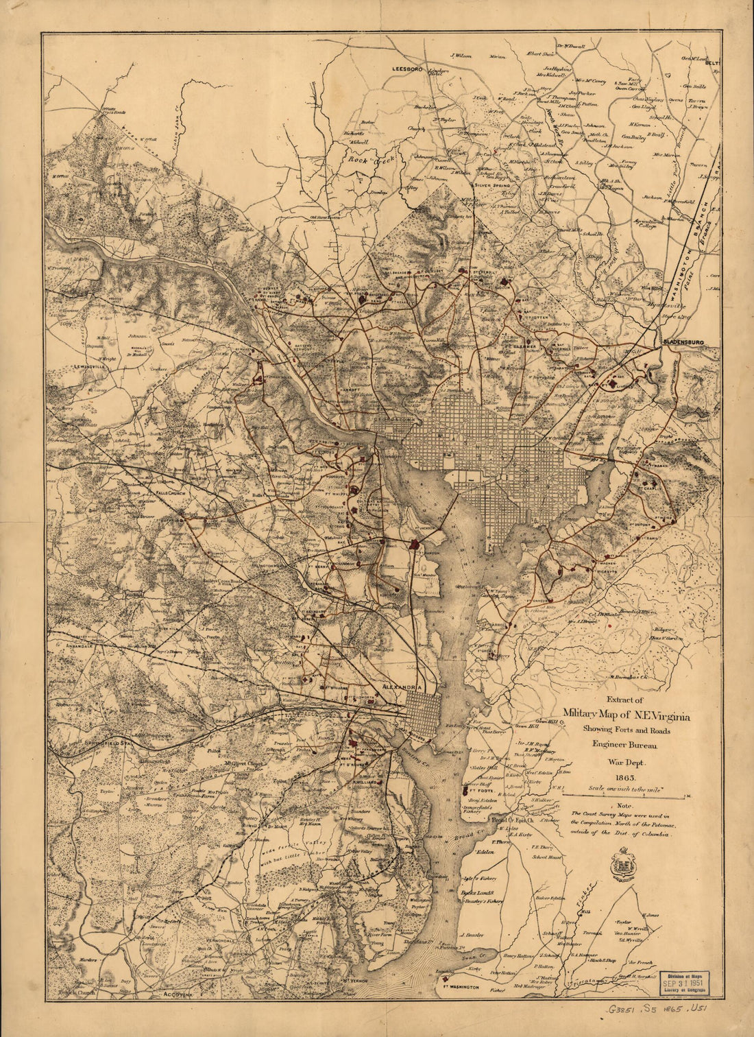 This old map of Extract of Military Map of N.E. Virginia Showing Forts and Roads from 1865 was created by  United States. War Department. Engineer Bureau in 1865