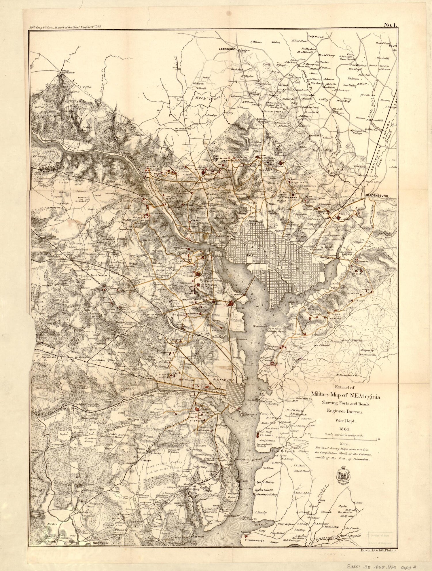 This old map of Extract of Military Map of N.E. Virginia Showing Forts and Roads from 1865 was created by  Bowen &amp; Co,  United States. Congress,  United States. War Department. Engineer Bureau in 1865