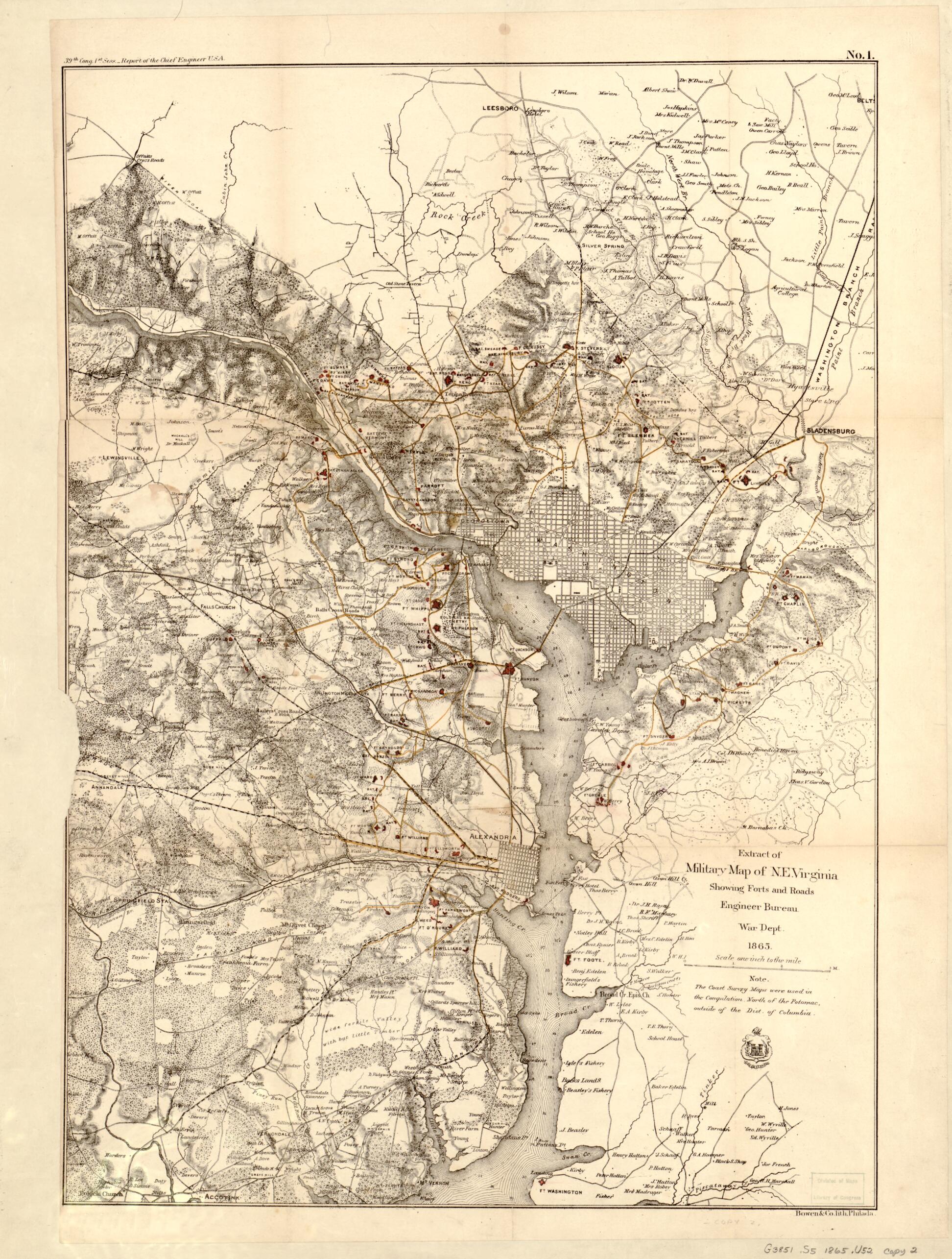 This old map of Extract of Military Map of N.E. Virginia Showing Forts and Roads from 1865 was created by  Bowen &amp; Co,  United States. Congress,  United States. War Department. Engineer Bureau in 1865