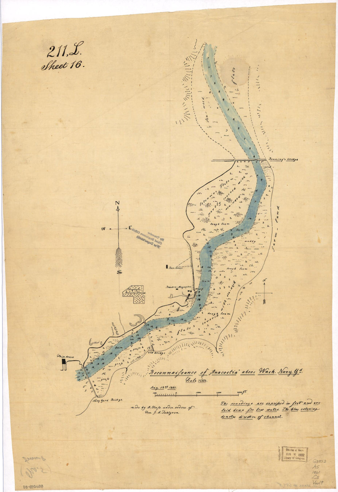 This old map of Reconnaissance of Anacostia Above Wash. Navy Yd from 1861 was created by A. Cluss, John Adolphus Bernard Dahlgren in 1861