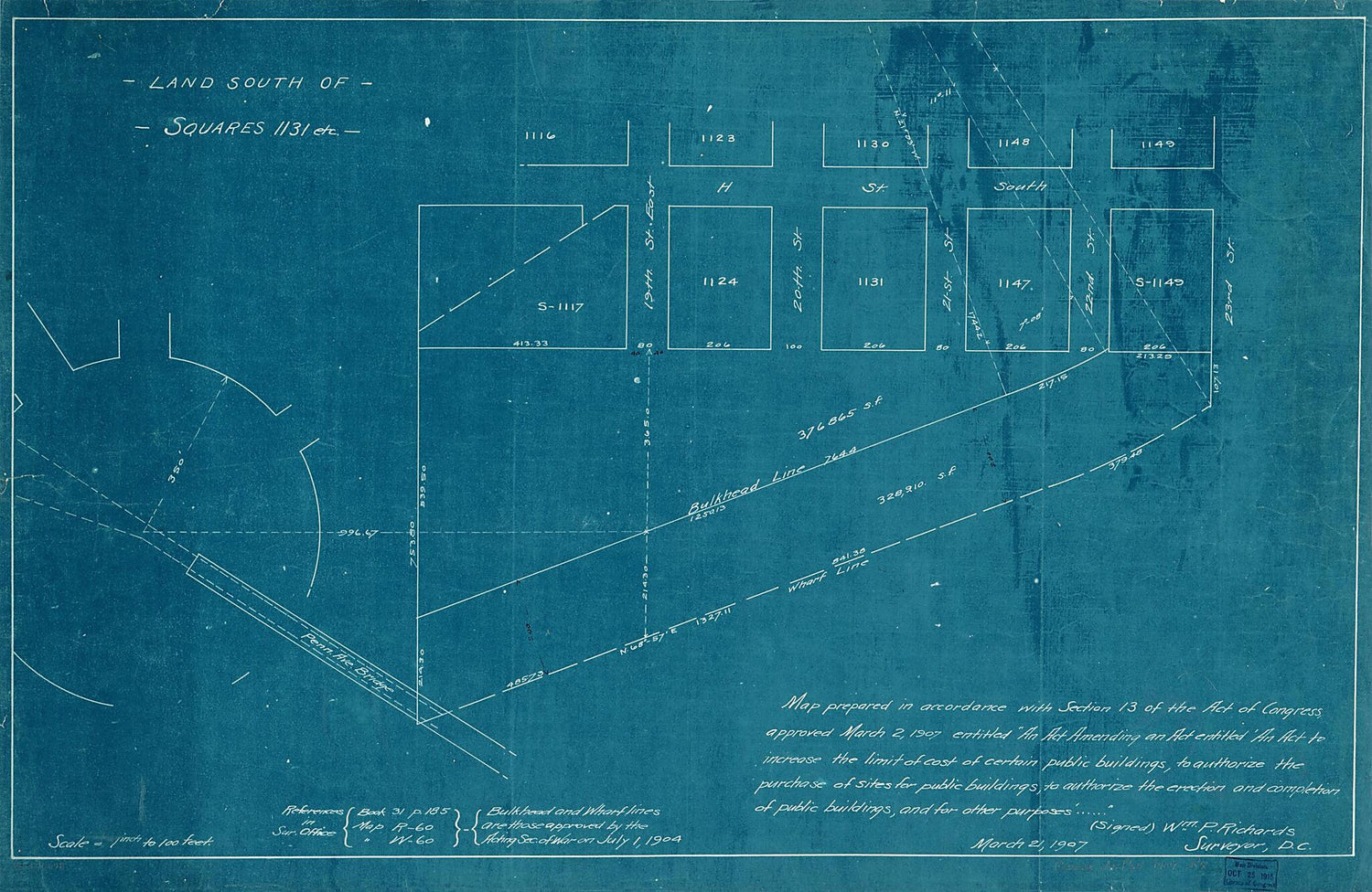 This old map of Land South of Squares 1131 Etc. : S.E. Washington D.C. from 1907 was created by  District of Columbia. Office of the Surveyor, Wm. P. (William P.) Richards in 1907