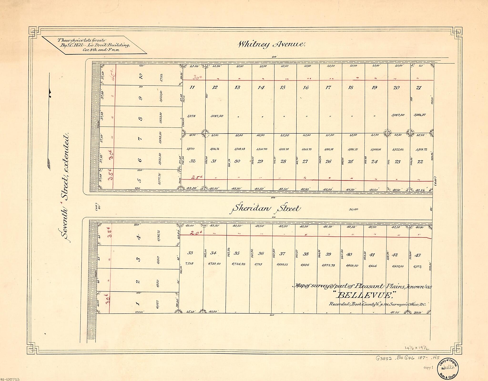 This old map of Map of Survey of Part of Pleasant Plains Knows As Bellevue : Recorded, Book County 6, P. 126, Surveyor&