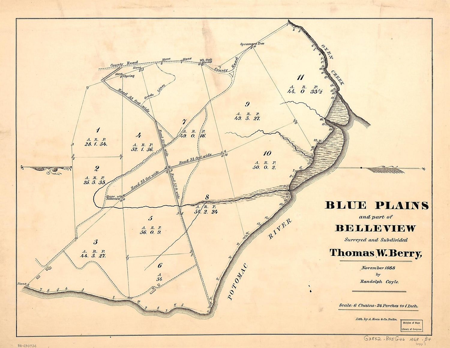 This old map of Blue Plains and Part of Belleview Surveyed and Subdivided : Washington D.C. from 1868 was created by Thomas W. Berry, Randolph Coyle in 1868