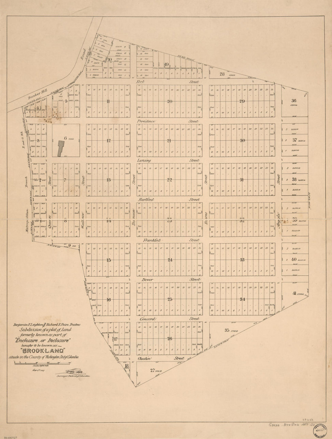 This old map of Benjamin F. Leighton and Richard E. Pairo, Trustees, Subdivision of a Plat of Land Formerly Known As Part of Enclosure Or Inclosure, Hereafter to Be Known As Brookland : Situated In the County of Washington, Dist. of Columbia from 1887 wa