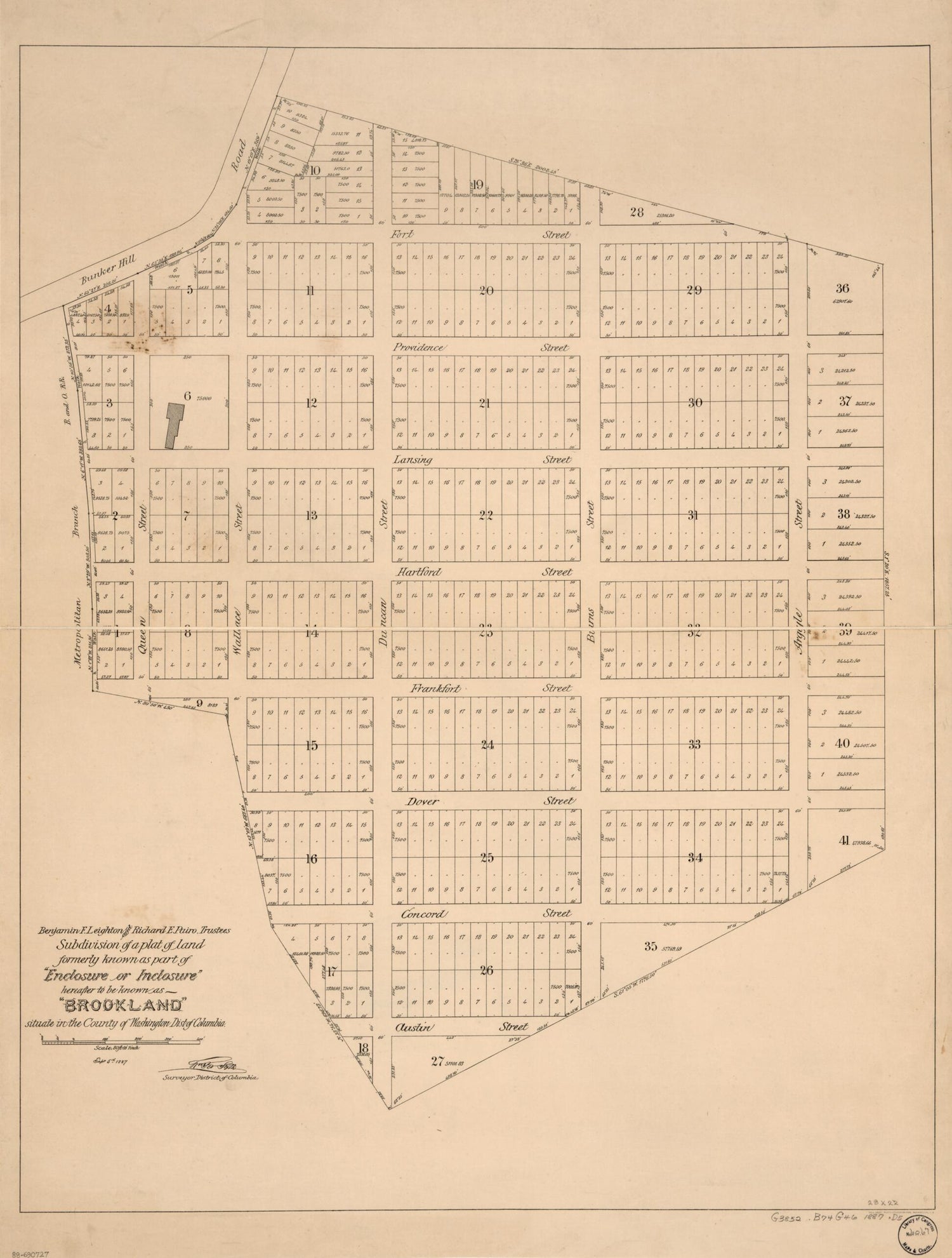 This old map of Benjamin F. Leighton and Richard E. Pairo, Trustees, Subdivision of a Plat of Land Formerly Known As Part of Enclosure Or Inclosure, Hereafter to Be Known As Brookland : Situated In the County of Washington, Dist. of Columbia from 1887 wa