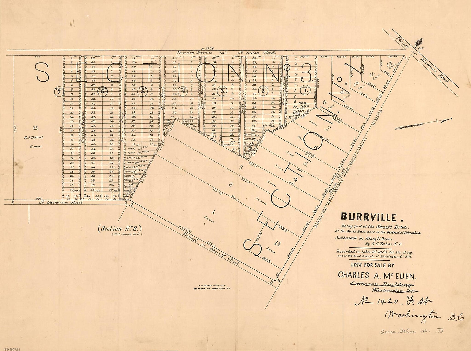 This old map of Burrville, Being Part of the Sheriff Estate, at the North East Part of the District of Columbia from 1880 was created by Mary C. Dean, Charles A. McEuen, A. C. Tabor in 1880