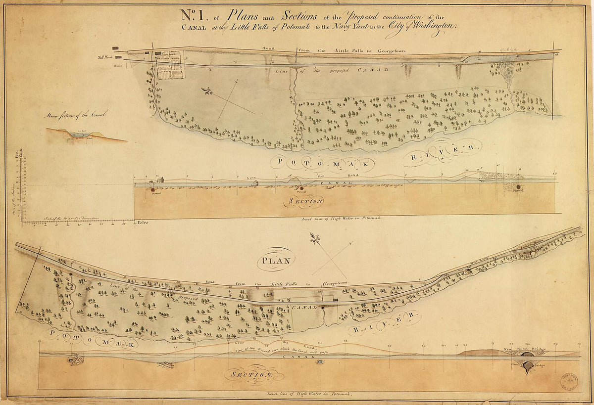 Plans and Sections of the Proposed Continuation of the Washington Canal from Rock Creek to Little Falls of the Potomac, Washington D.C. 1802 by Relic Map Company