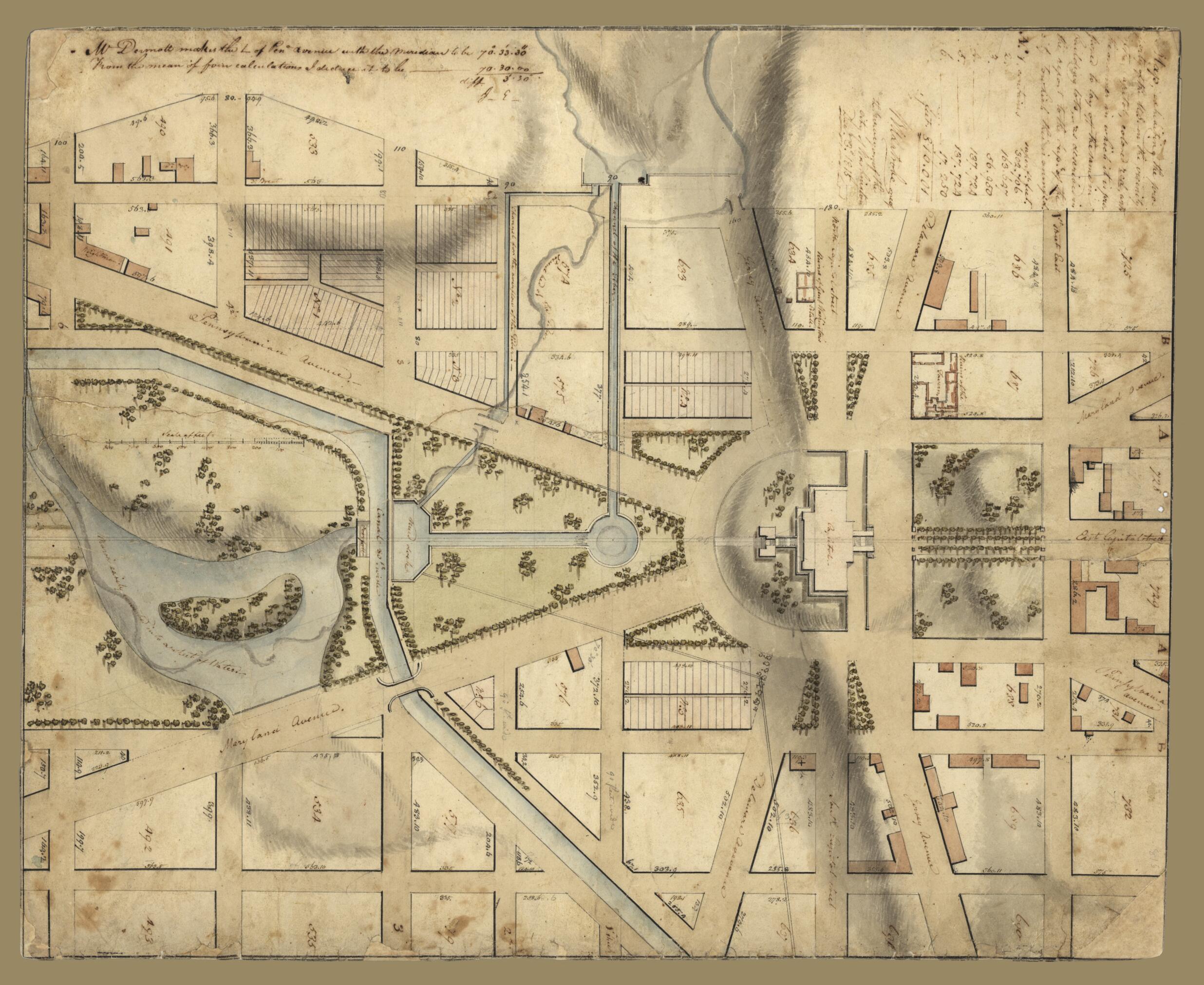 This old map of Map Exhibiting the Property of the U.S. In the Vicinity of the Capitol : Colored Red, With the Manner In Which It Is Proposed to Lay Off the Same In Building Lots, As Described In the Report to the Sup&