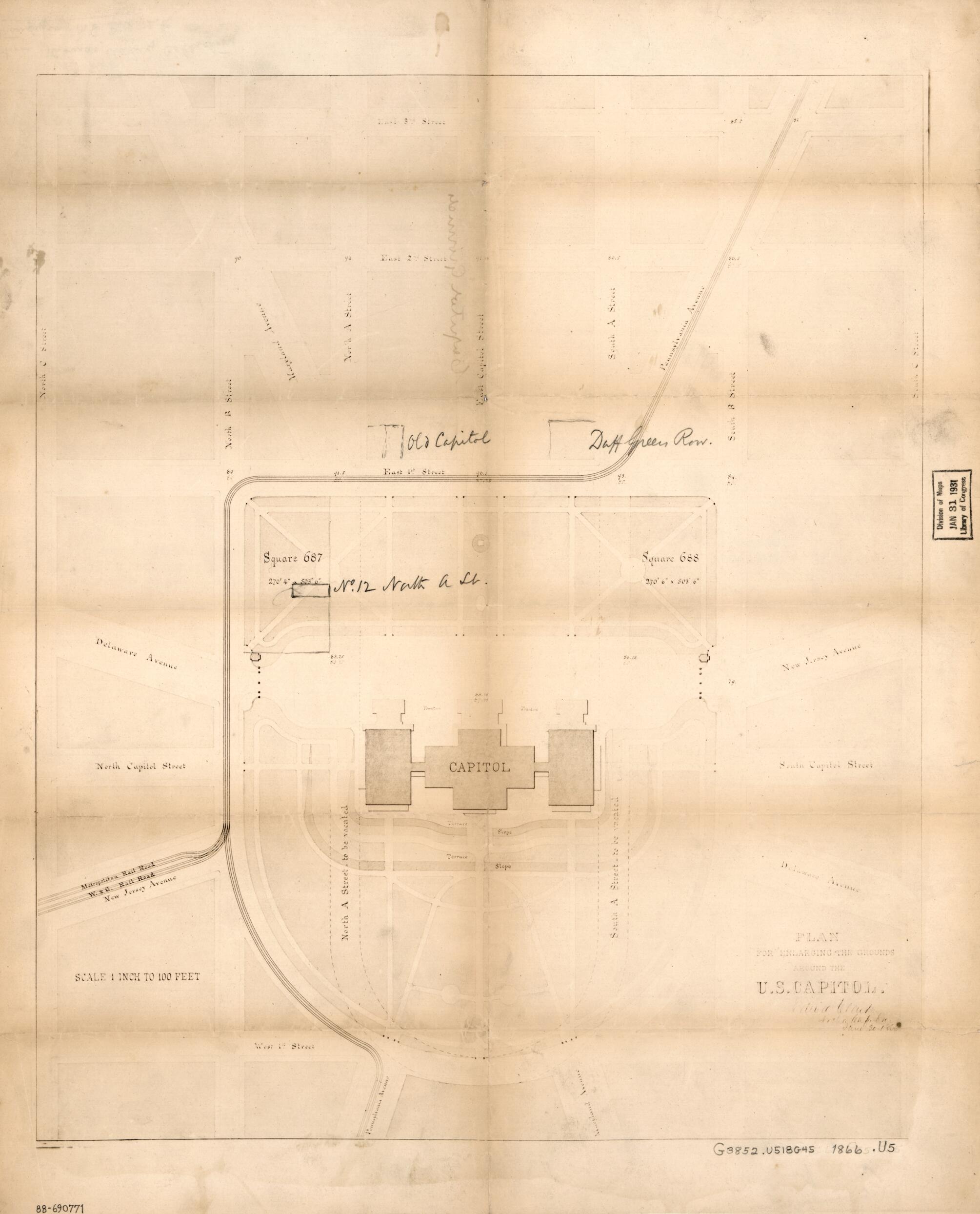 This old map of Plan for Enlarging the Grounds Around the U.S. Capitol from 1866 was created by  United States. Architect of Extension of Capitol in 1866