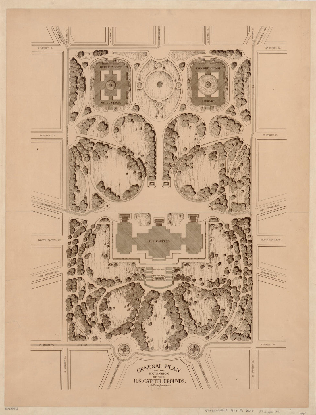 This old map of General Plan for the Extension of the U.S. Capitol Grounds from 1874 was created by John Fraser in 1874