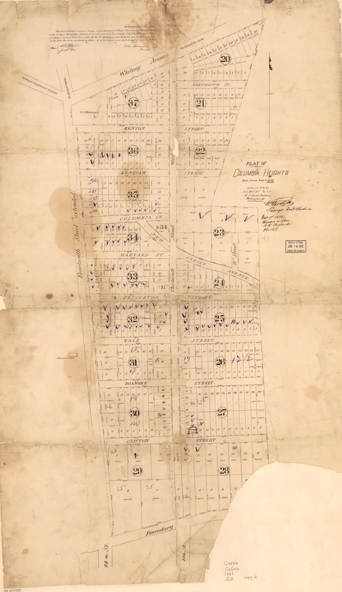 This old map of Plat of Columbia Heights : Hon. John Sherman, Trustee from 1881 was created by  A.L. Barber and Co,  District of Columbia. Office of the Surveyor, William Forsyth, John Sherman in 1881