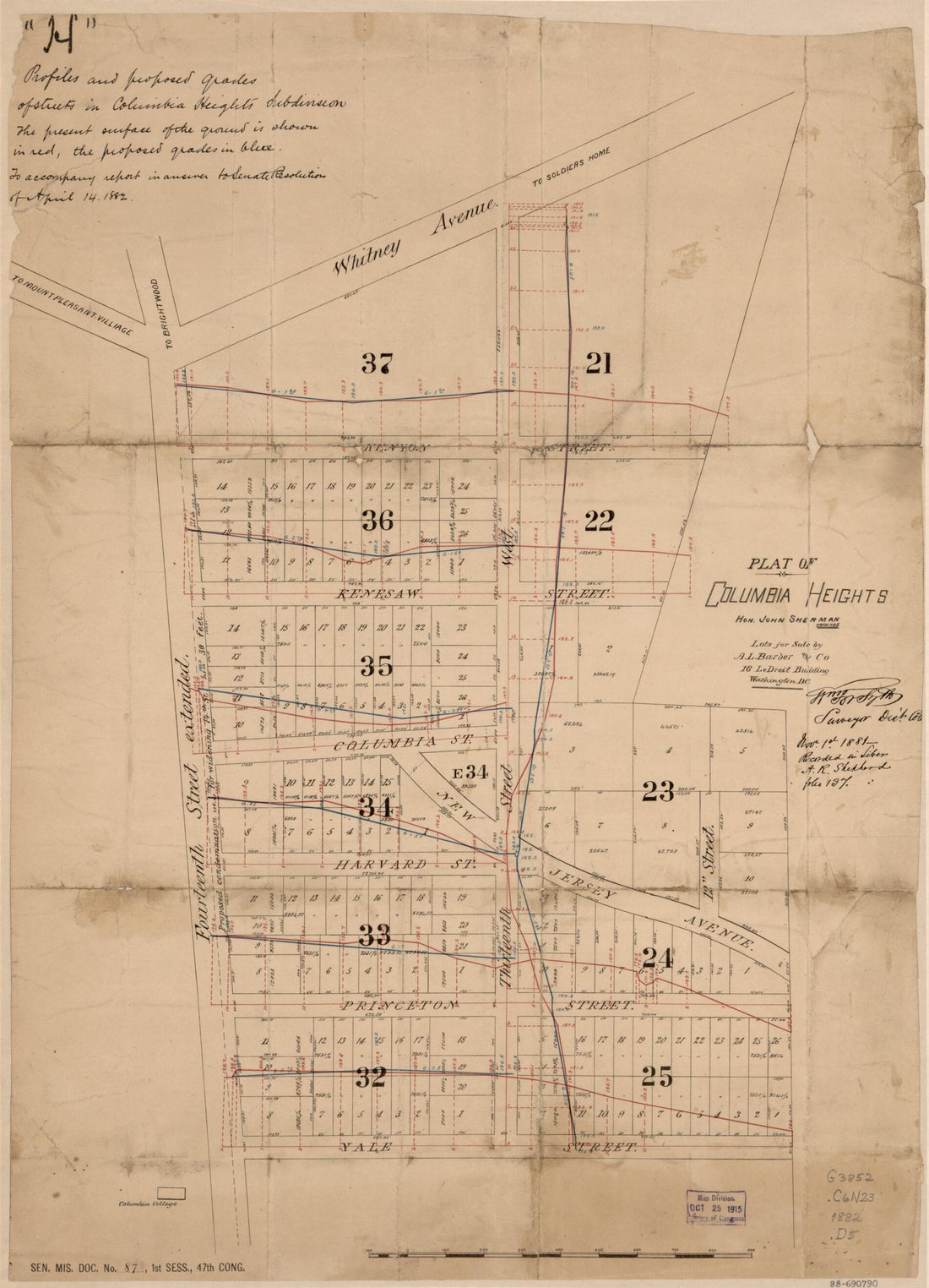 This old map of Plat of Columbia Heights : Hon. John Sherman, Trustee from 1882 was created by  A.L. Barber and Co,  District of Columbia. Office of the Surveyor, William Forsyth, John Sherman in 1882