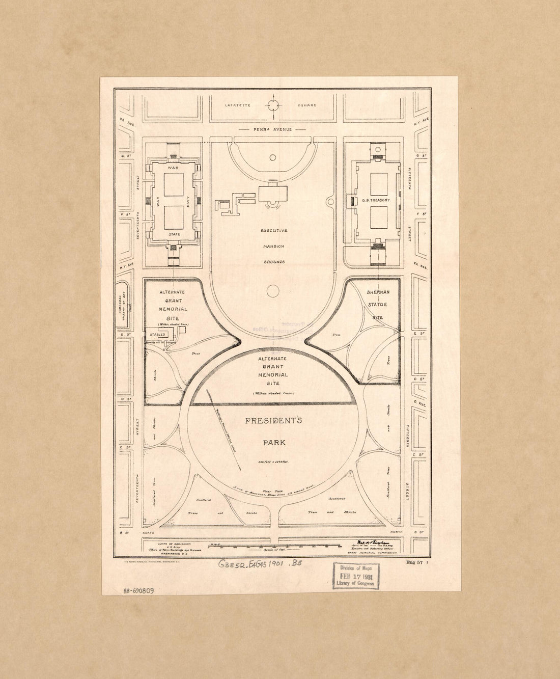 This old map of Map of the Ellipse and White House Grounds Showing Proposed Sites for the Grant Memorial and Sherman Statue, Washington D.C. from 1901 was created by Theo. A. (Theodore Alfred) Bingham,  Grant Memorial Commission,  United States. Office o