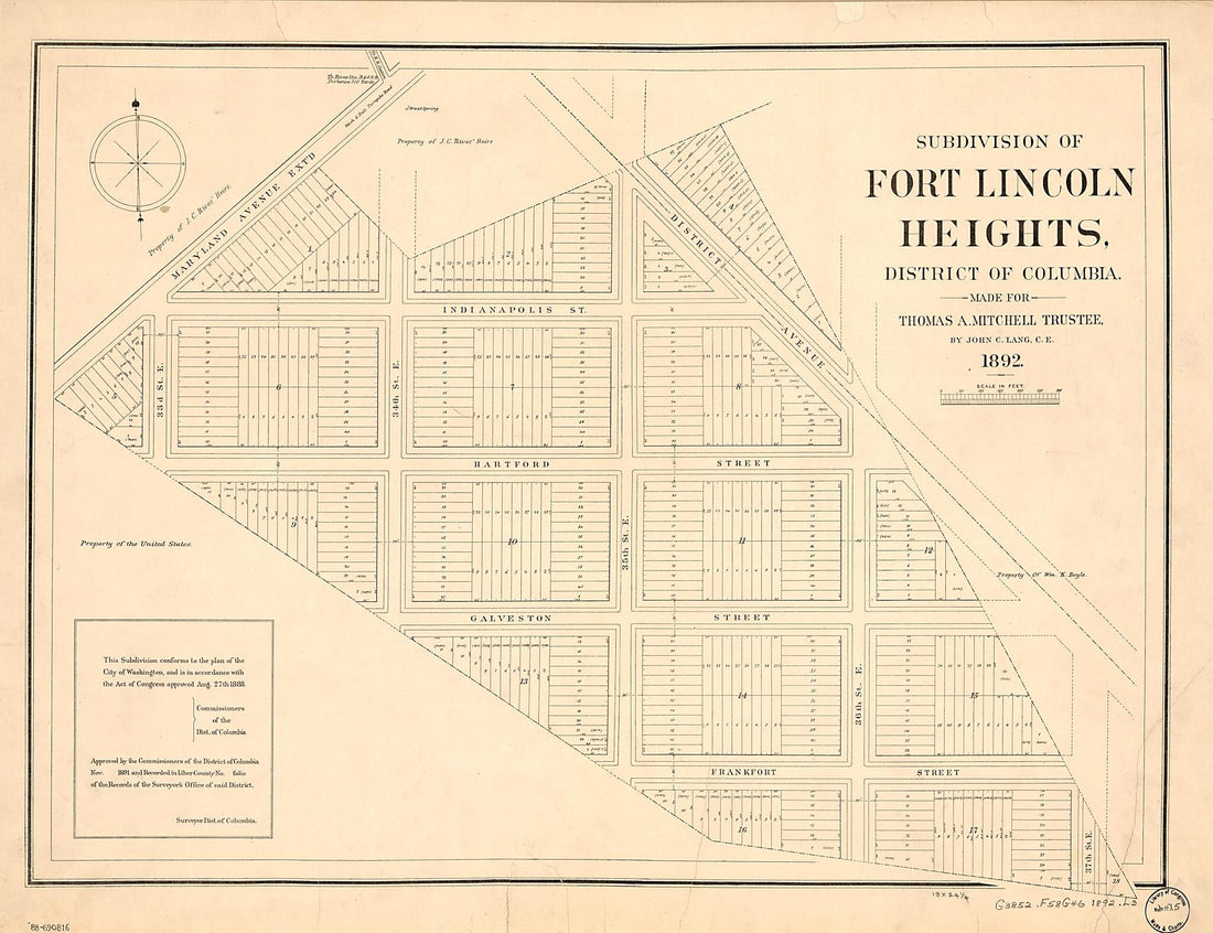 This old map of Subdivision of Fort Lincoln Heights, District of Columbia from 1892 was created by  District of Columbia. Office of the Surveyor, John C. Lang, Thomas A. Mitchell in 1892