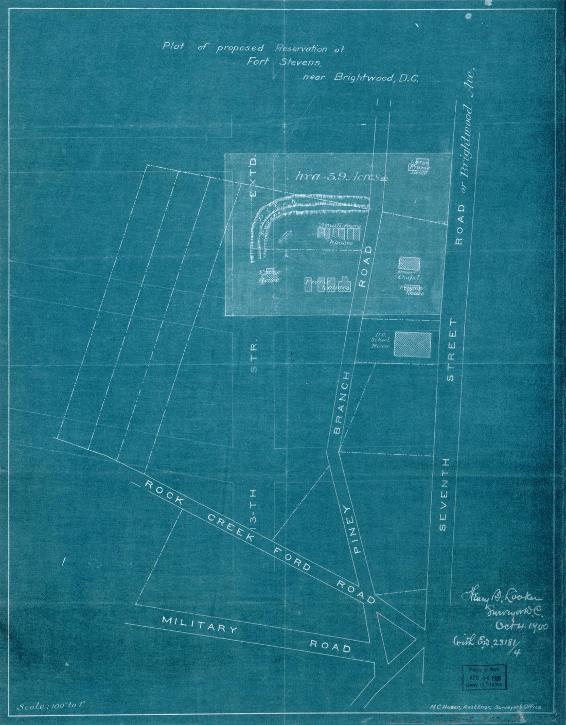This old map of Plat of Proposed Reservation at Fort Stevens, Near Brightwood, D.C from 1900 was created by  District of Columbia. Office of the Surveyor, M. C. Hazen, Henry B. Looker in 1900