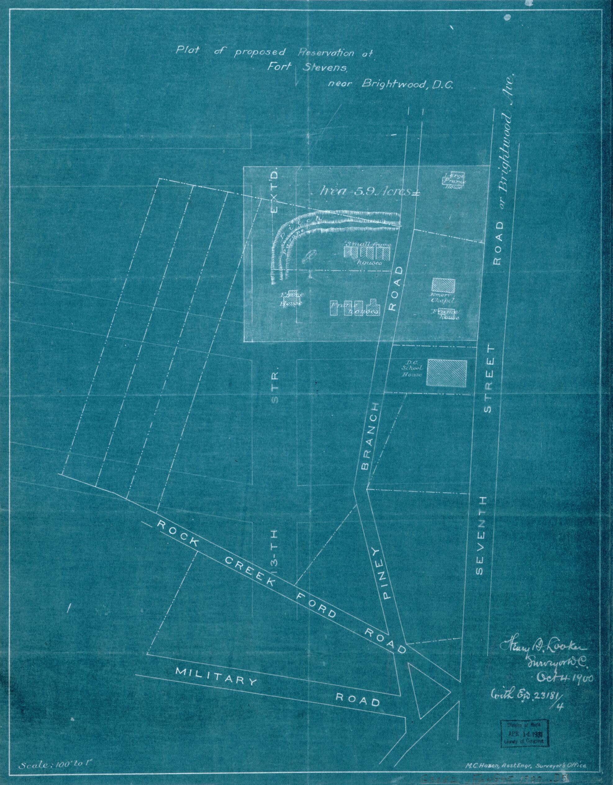 This old map of Plat of Proposed Reservation at Fort Stevens, Near Brightwood, D.C from 1900 was created by  District of Columbia. Office of the Surveyor, M. C. Hazen, Henry B. Looker in 1900