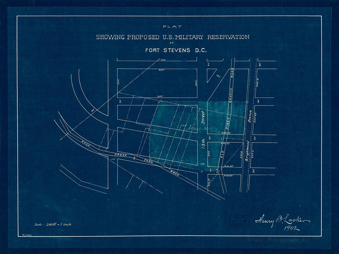 This old map of Plat Showing Proposed U.S. Military Reservation at Fort Stevens D.C from 1902 was created by M. J. Hale, Henry B. Looker in 1902