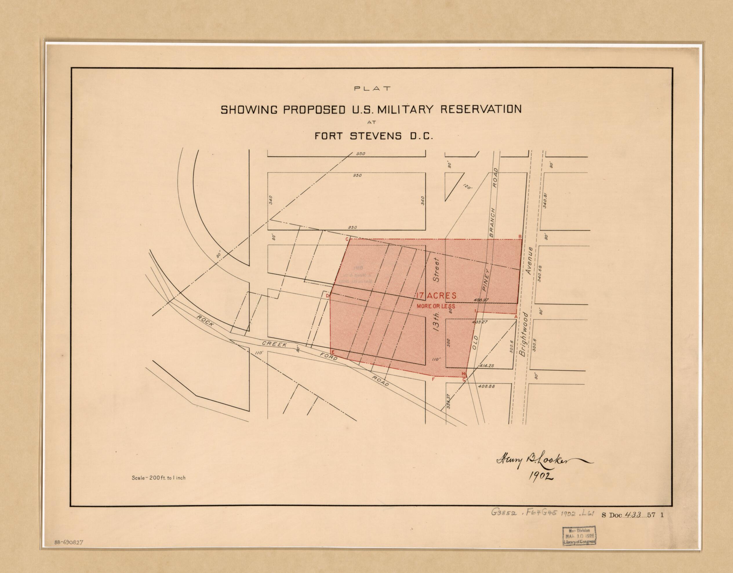 This old map of Plat Showing Proposed U.S. Military Reservation at Fort Stevens D.C from 1902 was created by Henry B. Looker,  United States. Congress. Senate in 1902