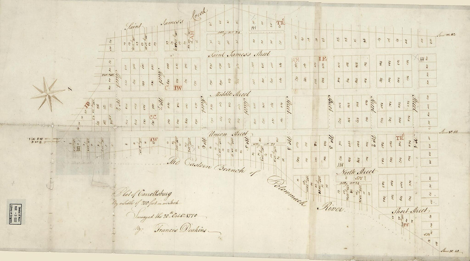 This old map of Plat of Carrollsburg from 1770 was created by Francis Deakins in 1770