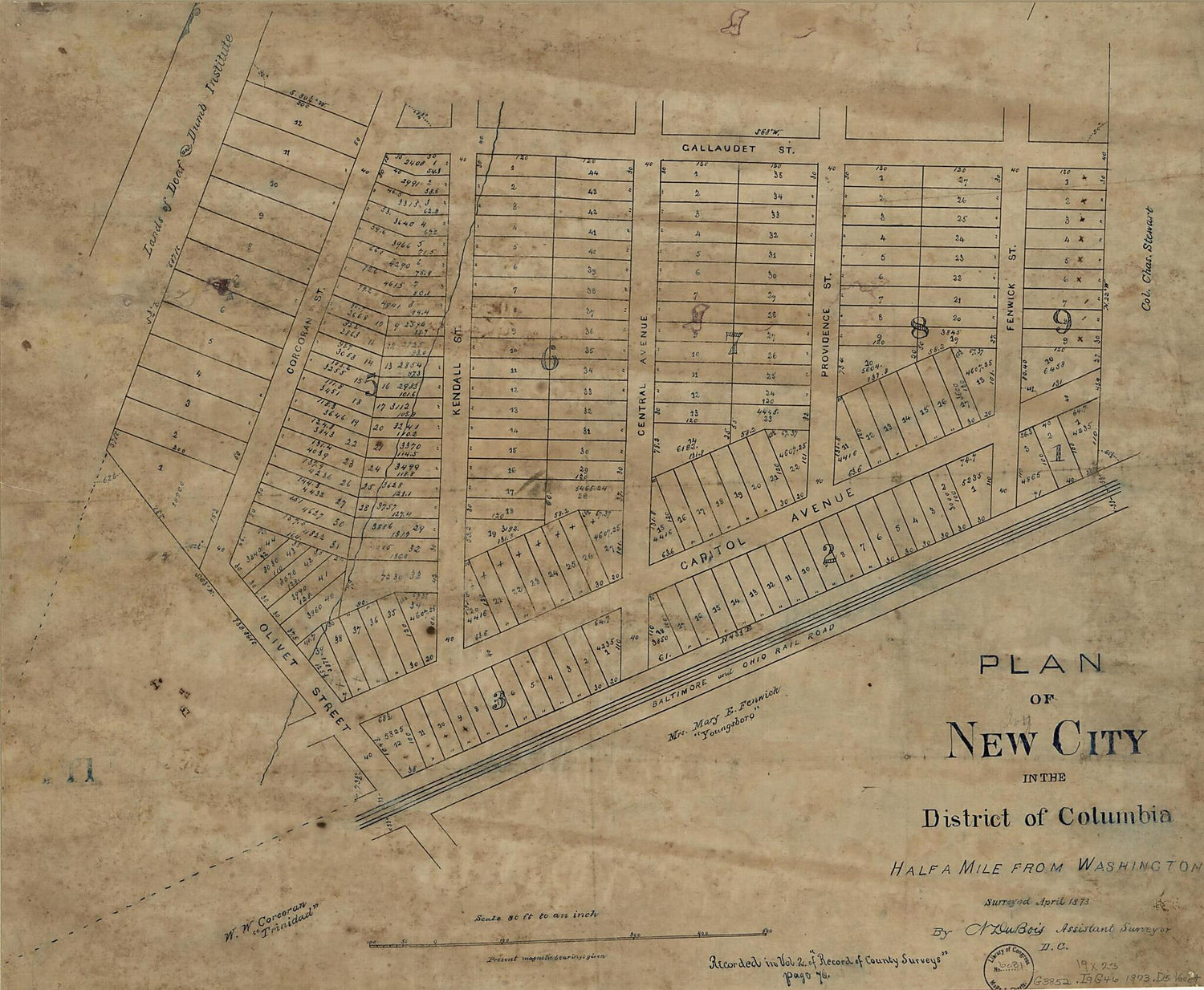 This old map of Plan of New City In the District of Columbia : Half a Mile from Washington from 1873 was created by  District of Columbia. Office of the Surveyor, N. Dubois in 1873