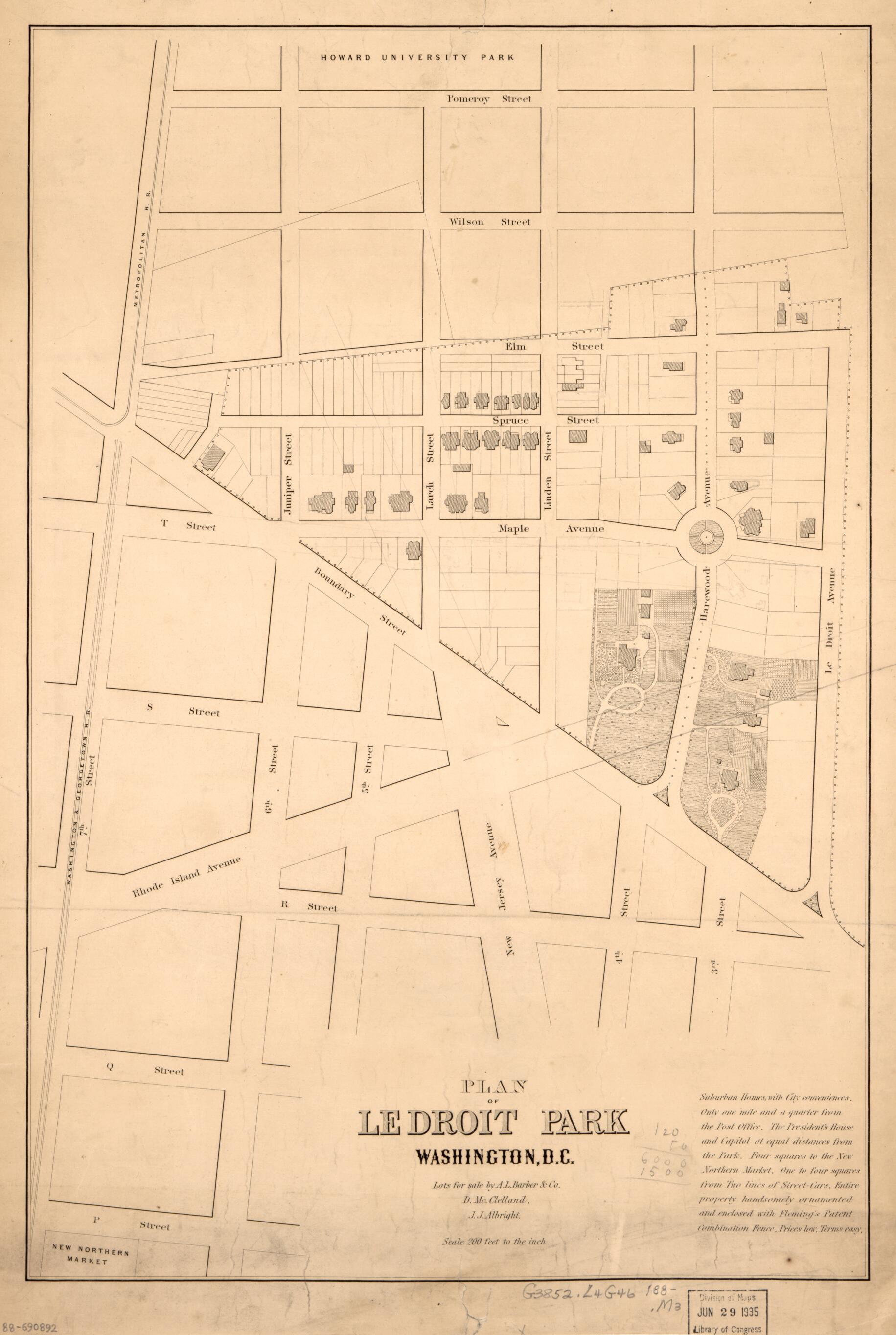 This old map of Plan of LeDroit Park, Washington, D.C from 1880 was created by  A.L. Barber and Co, J. J. Albright, D. McClelland in 1880