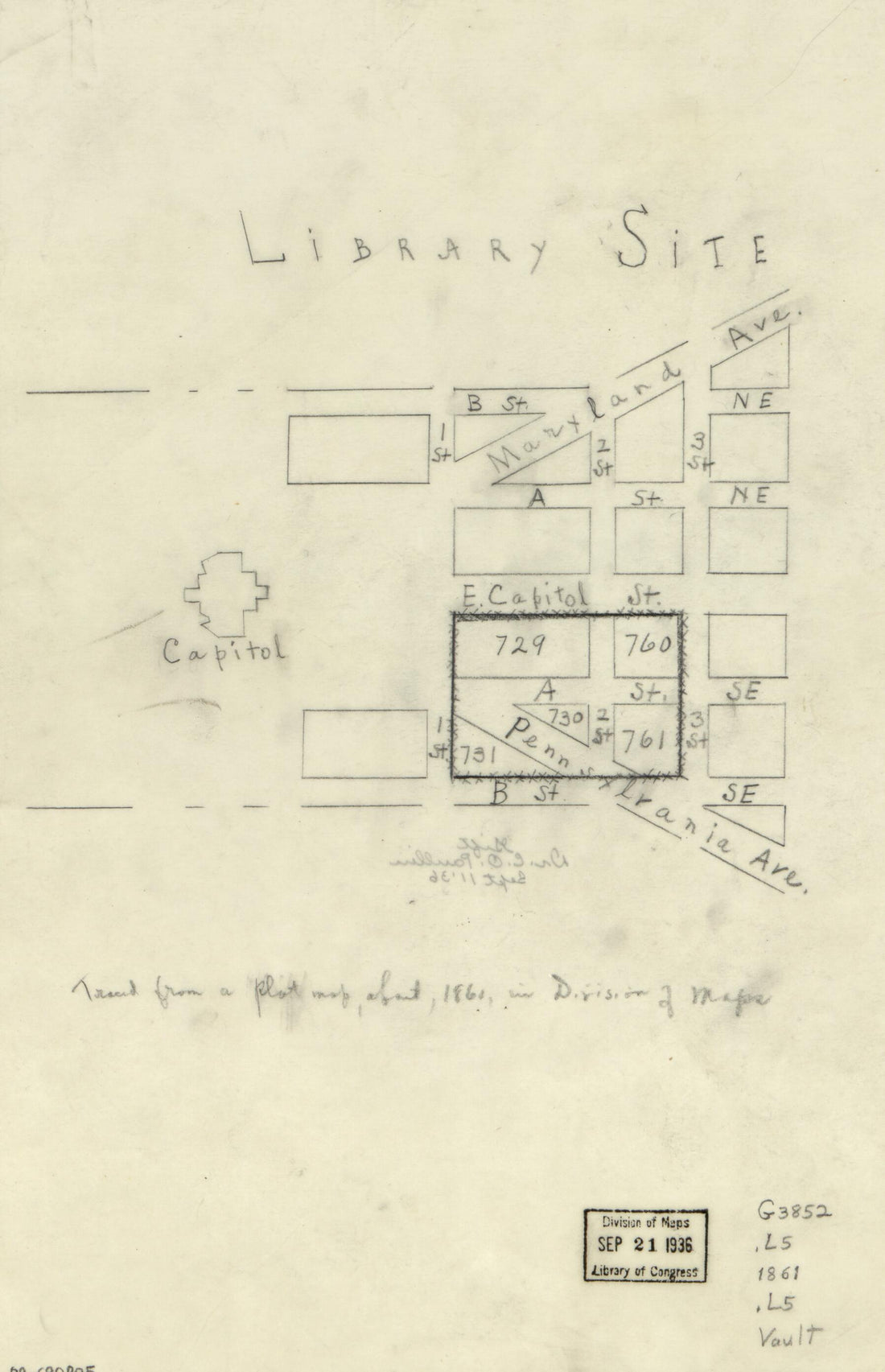 This old map of Library Site : Capitol Hill, Washington D.C. from 1861 was created by  in 1861