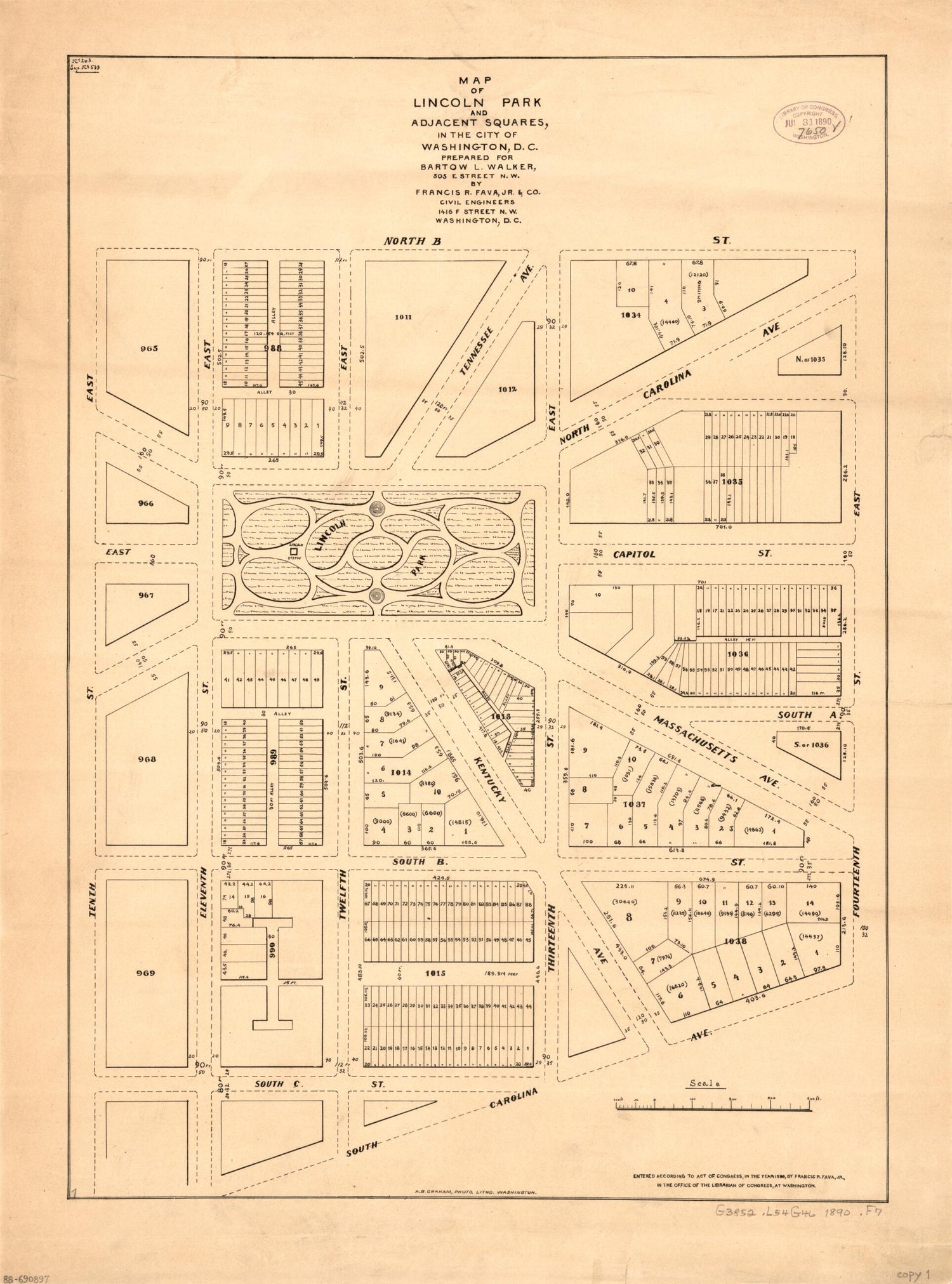 This old map of Map of Lincoln Park and Adjacent Squares In the City of Washington, D.C from 1890 was created by Francis R. Fava, Jr. Francis R. Fava, Bartow L. Walker in 1890