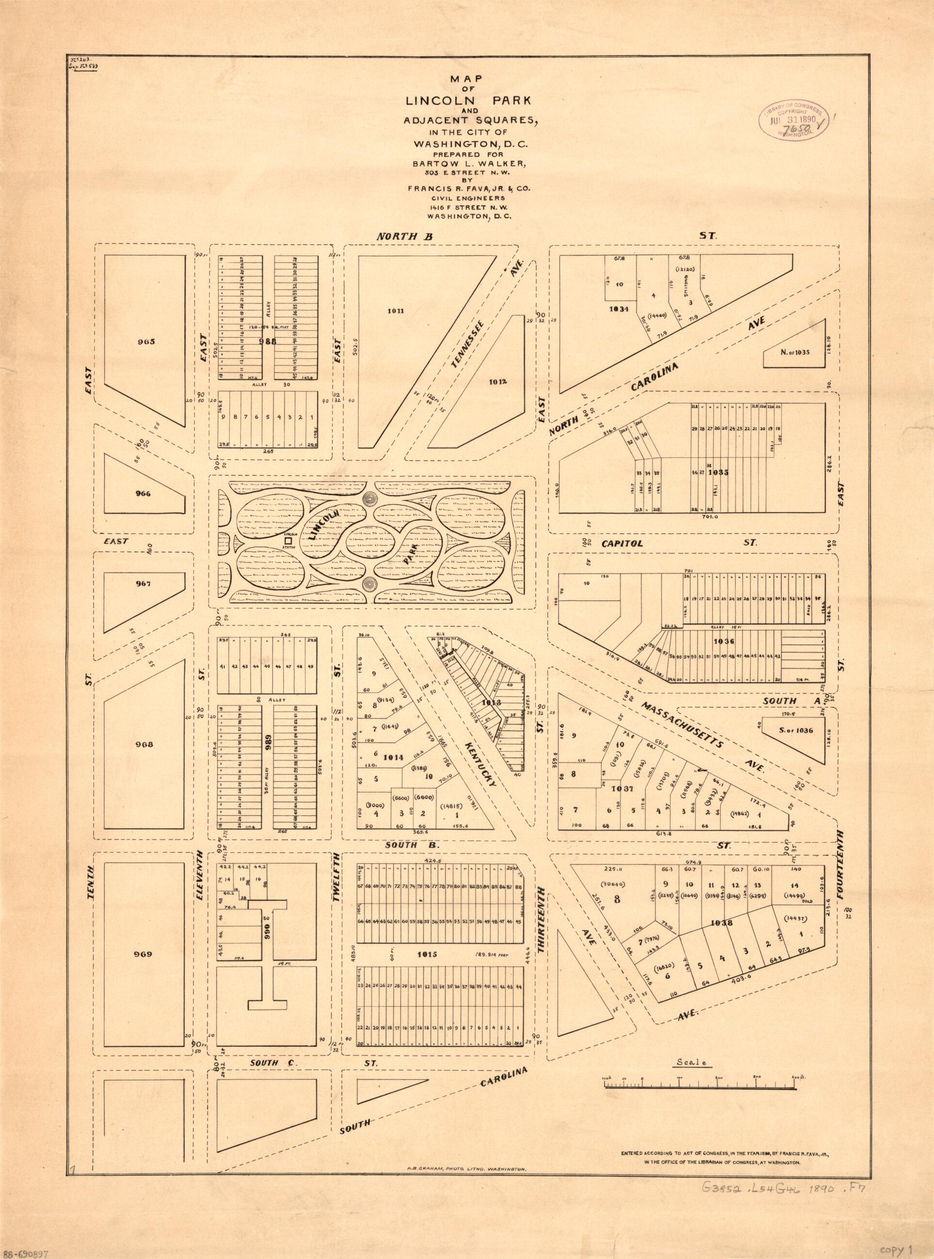 This old map of Map of Lincoln Park and Adjacent Squares In the City of Washington, D.C from 1890 was created by Francis R. Fava, Jr. Francis R. Fava, Bartow L. Walker in 1890