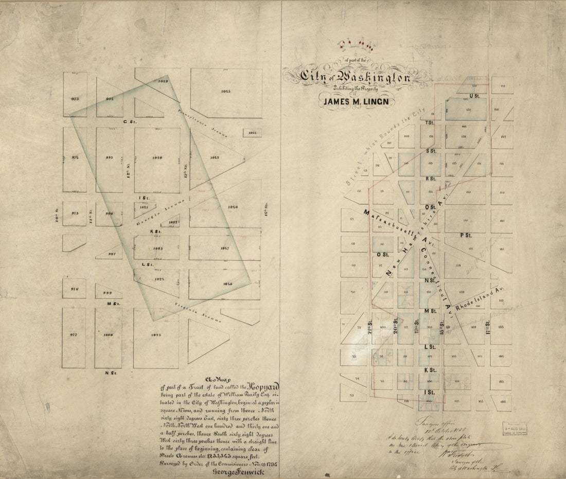 This old map of Plan of Part of the City of Washington Exhibiting the Property of James M. Lingan ; a Map of Part of a Tract of Land Called the Hopyard : Being Part of the Estate of William Baily Esq. Situated In the City of Washington.. : Surveyed by Or