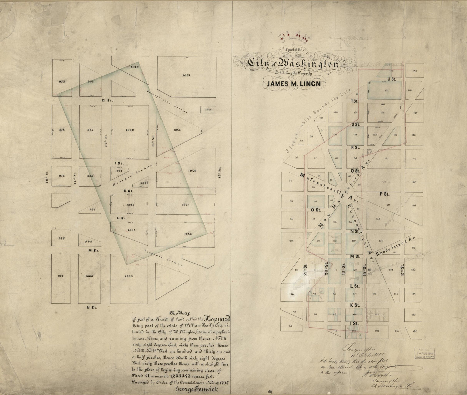 This old map of Plan of Part of the City of Washington Exhibiting the Property of James M. Lingan ; a Map of Part of a Tract of Land Called the Hopyard : Being Part of the Estate of William Baily Esq. Situated In the City of Washington.. : Surveyed by Or