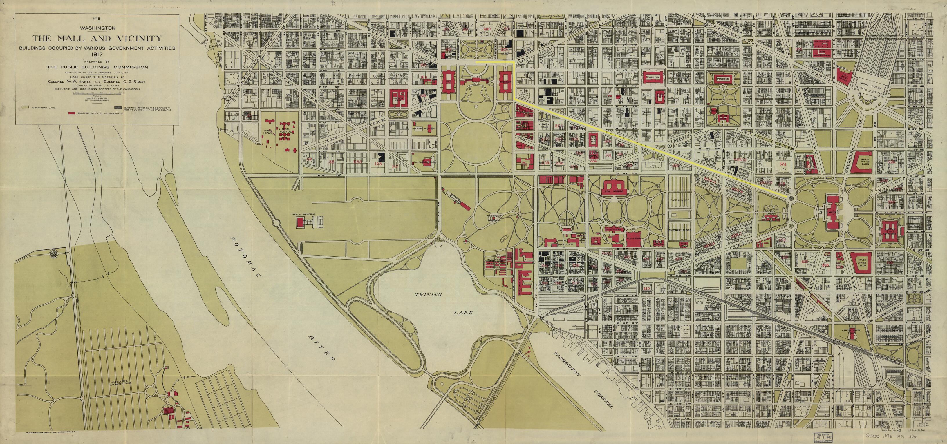 This old map of Washington, the Mall and Vicinity, Public Buildings Occupied by Various Government Activities : from 1917 was created by K. Hilding Beij, W. W. (William Wright) Harts, James G. Langdon, C. S. (Clarence Self) Ridley,  United States. Congre