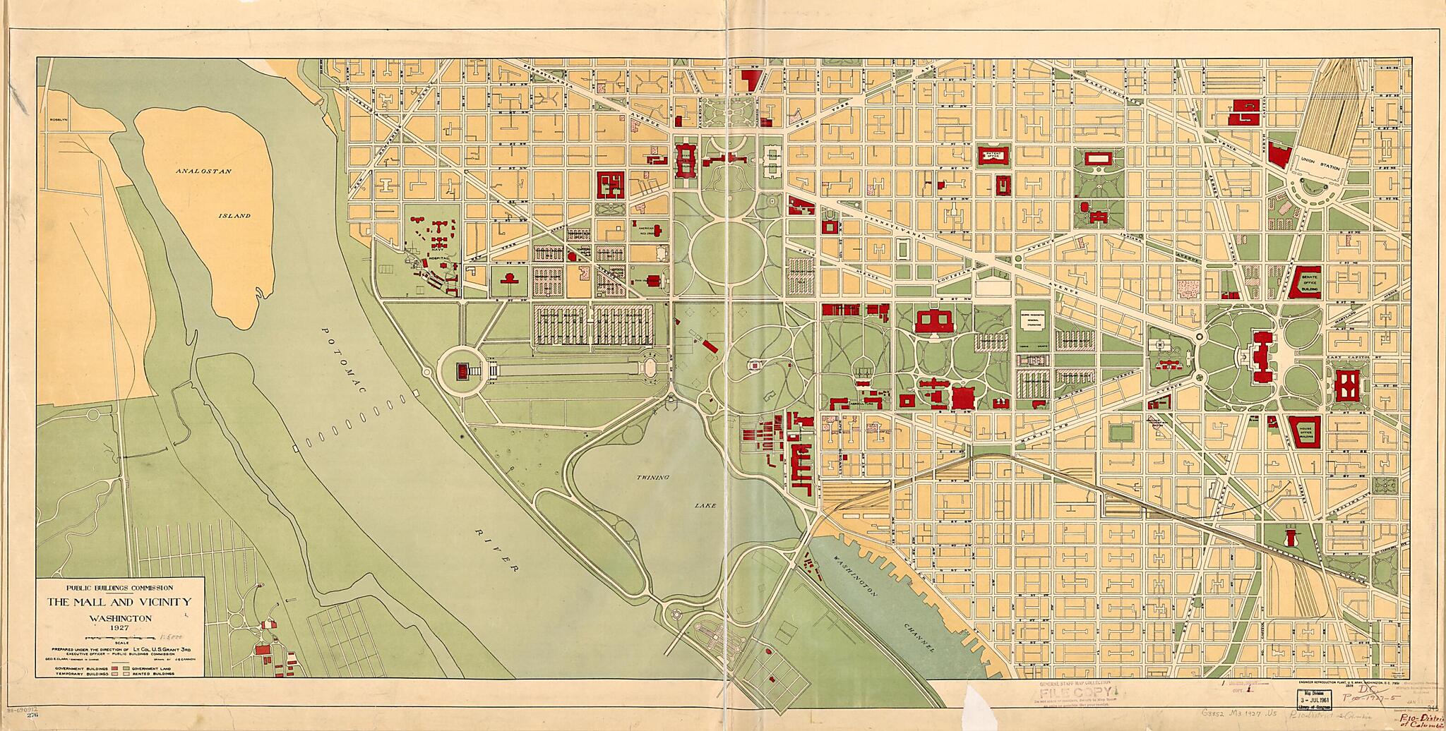 This old map of The Mall and Vicinity, Washington : from 1927 was created by J. Q. Cannon, Geo. E. (George E.) Clark, U. S. (Ulysses S.) Grant,  United States. Army. Engineer Reproduction Plant,  United States. Public Buildings Commission in 1927