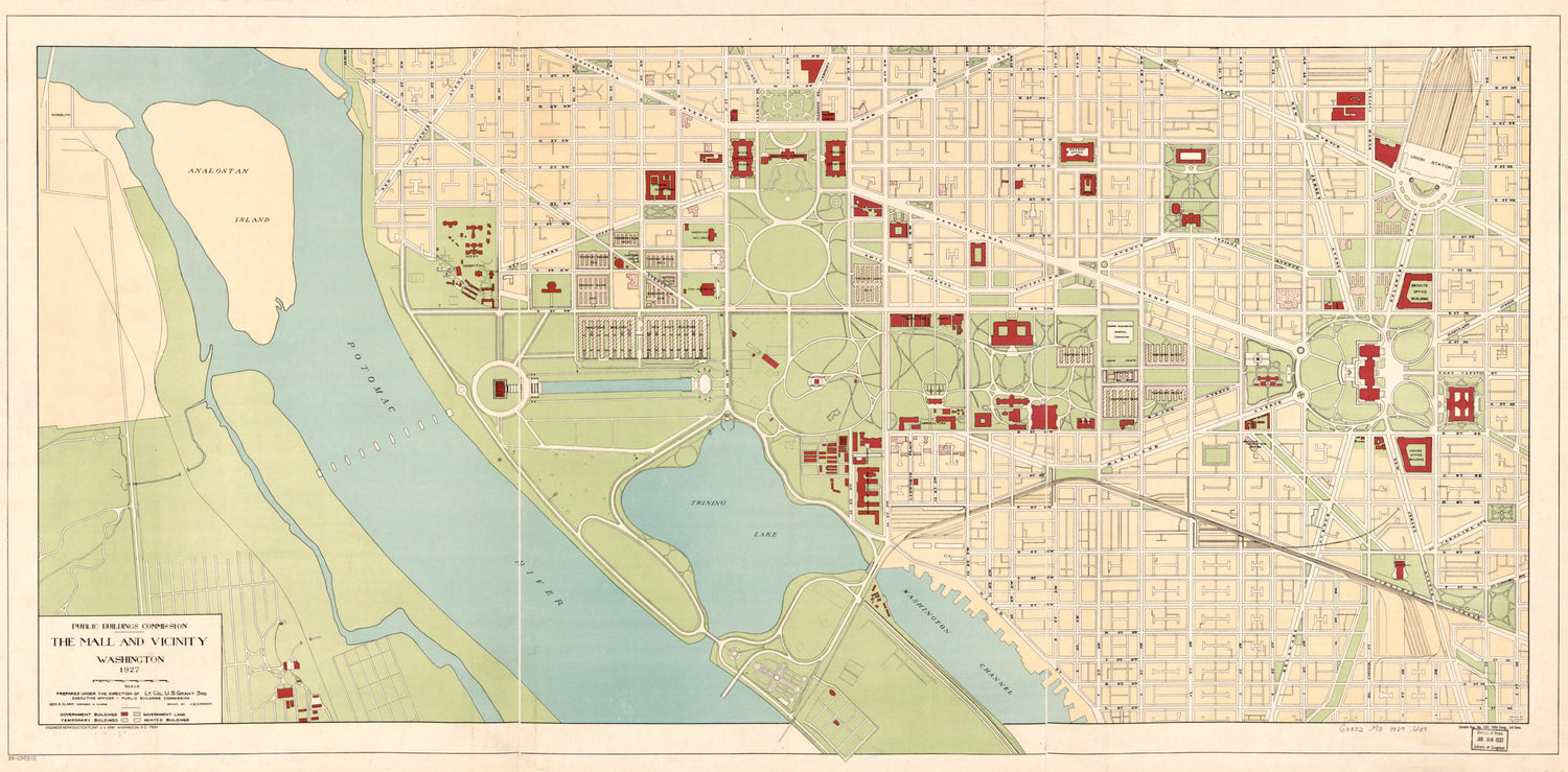 This old map of The Mall and Vicinity, Washington : from 1927 was created by J. Q. Cannon, Geo. E. (George E.) Clark, U. S. (Ulysses S.) Grant,  United States. Army. Engineer Reproduction Plant,  United States. Congress. Senate,  United States. Public Bu