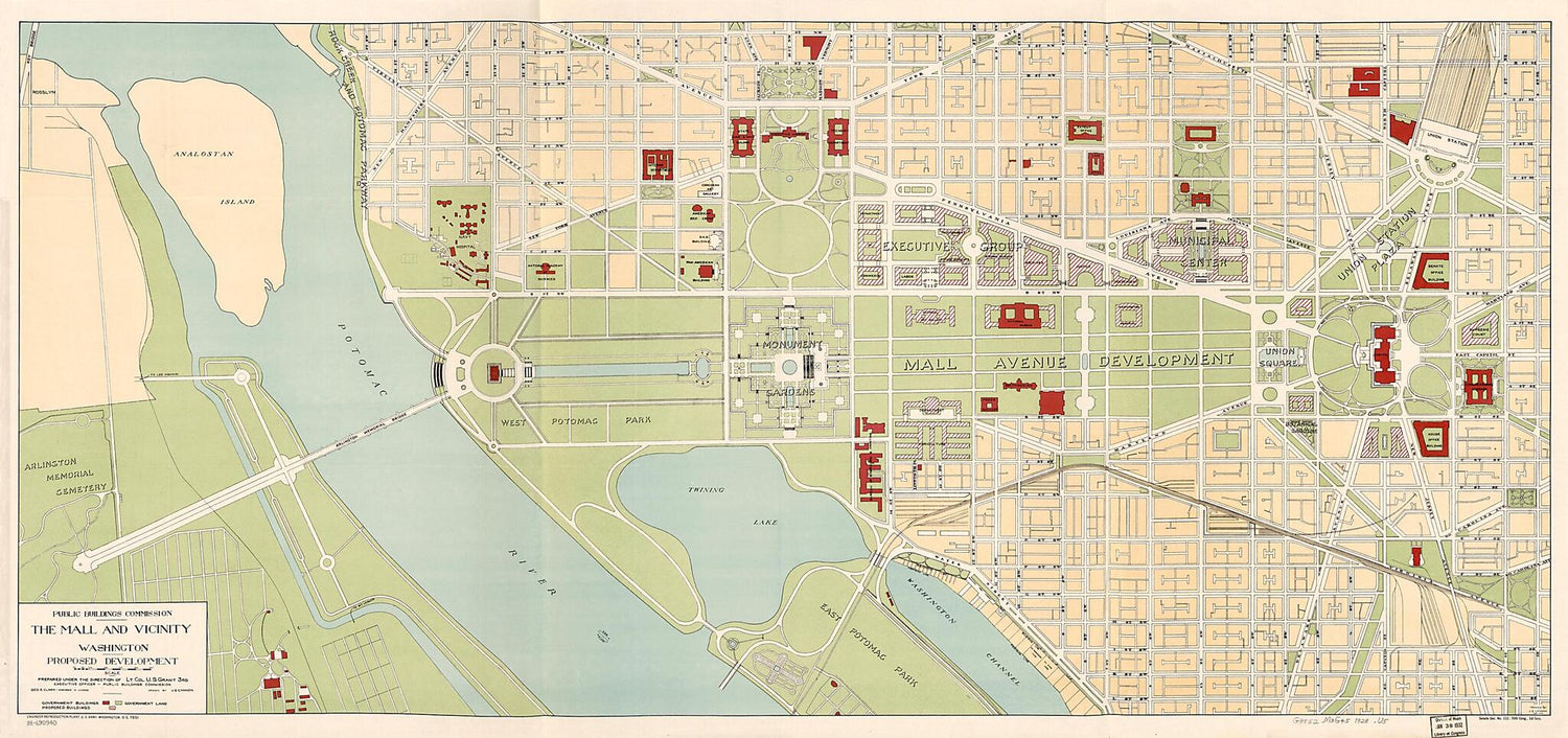 This old map of The Mall and Vicinity, Washington, Proposed Development from 1928 was created by J. Q. Cannon, Geo. E. (George E.) Clark, U. S. (Ulysses S.) Grant,  United States. Army. Engineer Reproduction Plant,  United States. Congress. Senate,  Unit