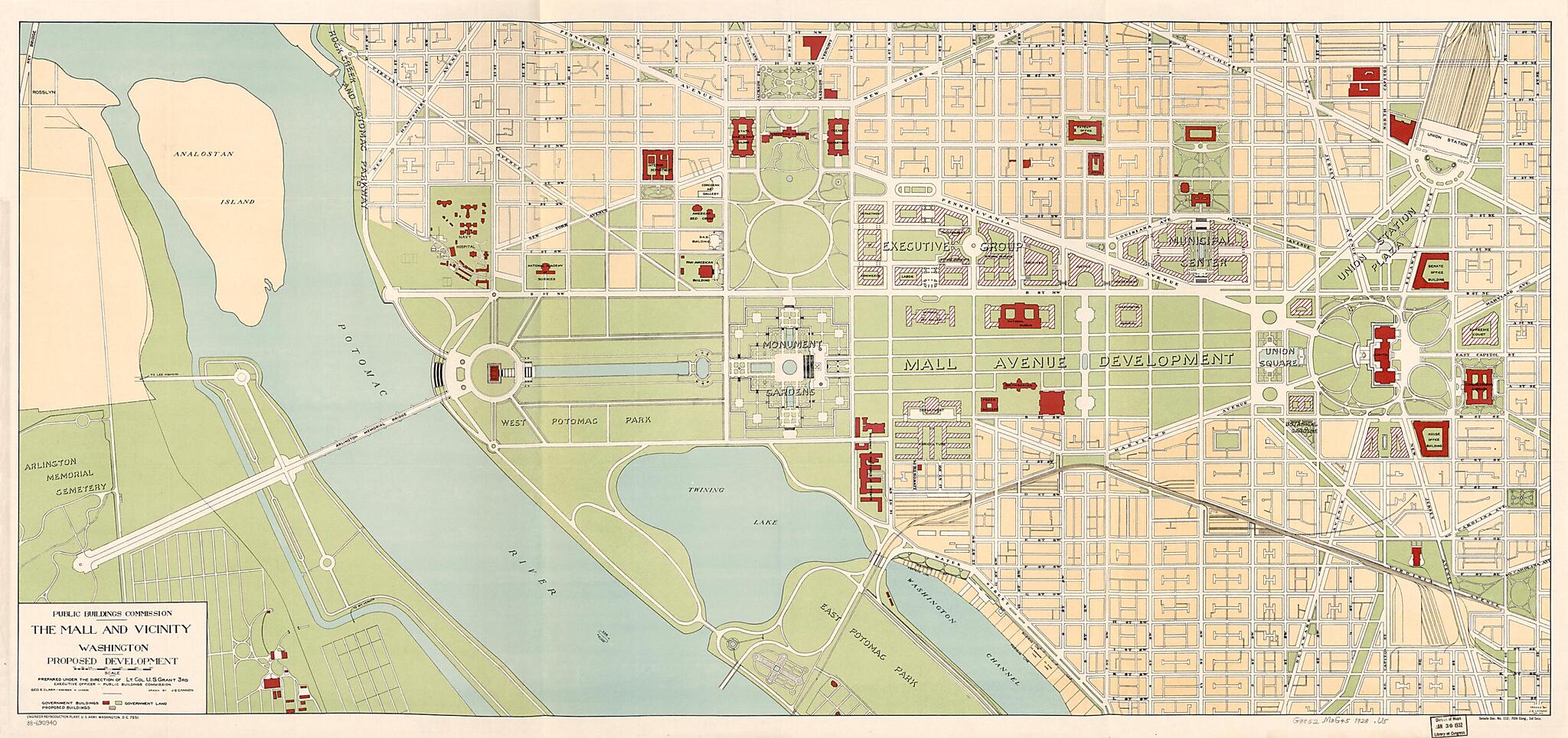 This old map of The Mall and Vicinity, Washington, Proposed Development from 1928 was created by J. Q. Cannon, Geo. E. (George E.) Clark, U. S. (Ulysses S.) Grant,  United States. Army. Engineer Reproduction Plant,  United States. Congress. Senate,  Unit