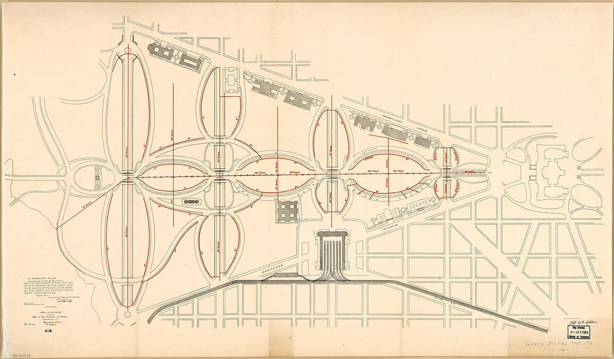 Working Plan Showing Approximate Grades and Drains for the Treatment of That Section of the District of Columbia Situated South of Pennsylvania Avenue and North of B Street South West Washington D.C 1900 by Relic Map Company