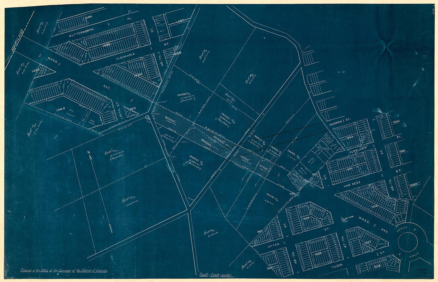 This old map of Cadastral Map of Massachusetts Avenue N.W. and Adjacent Parts of American University Park and Spring Valley, Washington D.C. from 1910 was created by  District of Columbia. Office of the Surveyor, Hugh T. (Hugh Thomas) Taggart in 1910