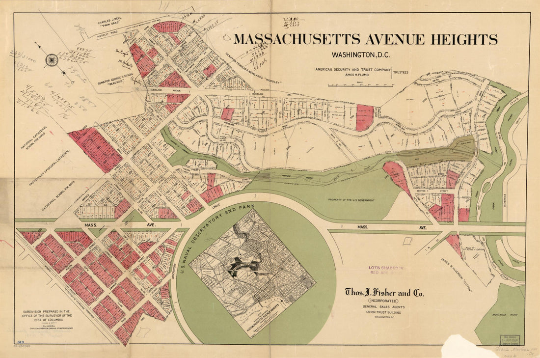 This old map of Massachusetts Avenue Heights, Washington, D.C from 1911 was created by  American Security and Trust Company,  District of Columbia. Office of the Surveyor, D. J. Howell, Amos H. Plumb,  Thos. J. Fisher and Co in 1911