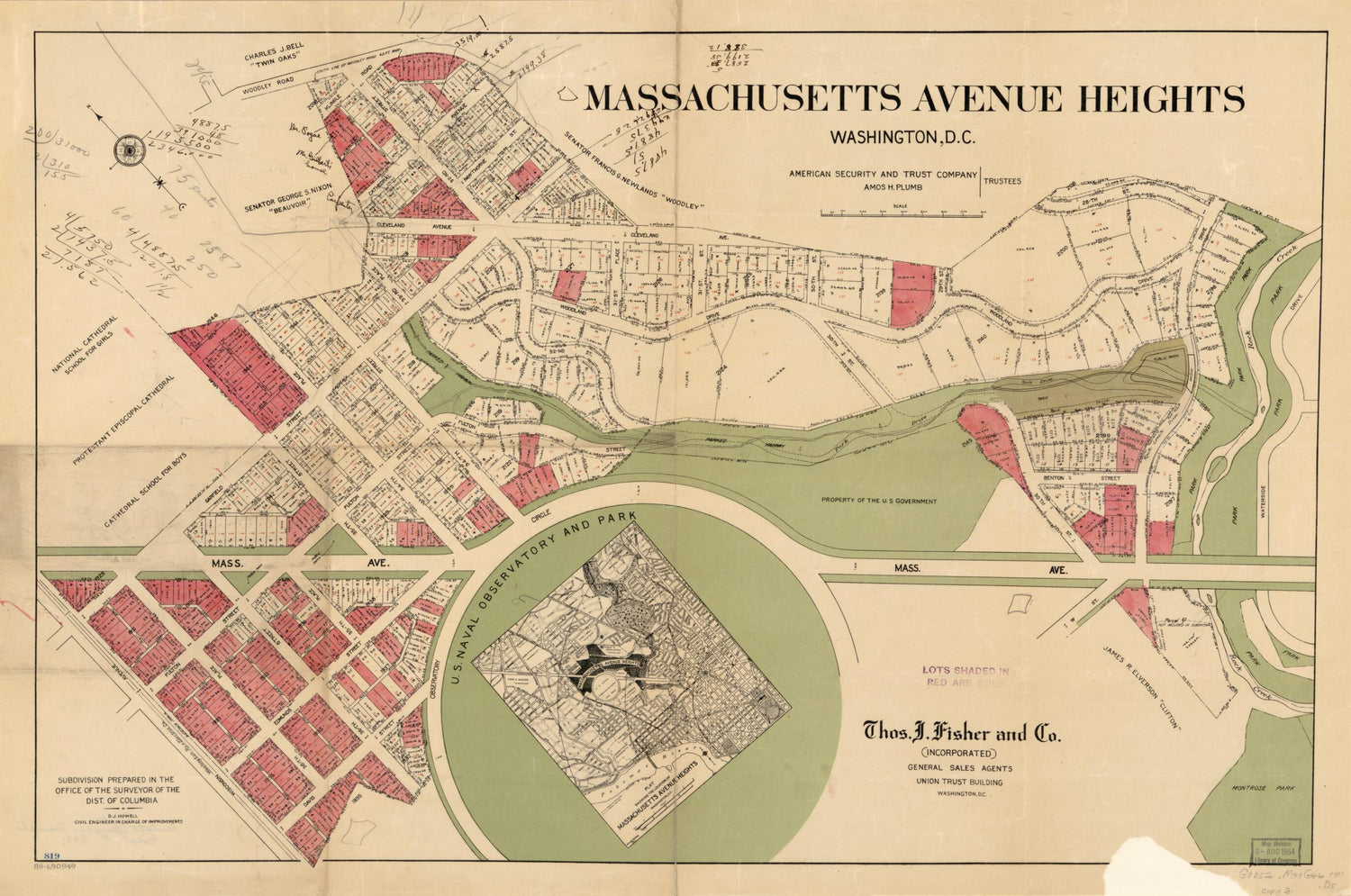 This old map of Massachusetts Avenue Heights, Washington, D.C from 1911 was created by  American Security and Trust Company,  District of Columbia. Office of the Surveyor, D. J. Howell, Amos H. Plumb,  Thos. J. Fisher and Co in 1911